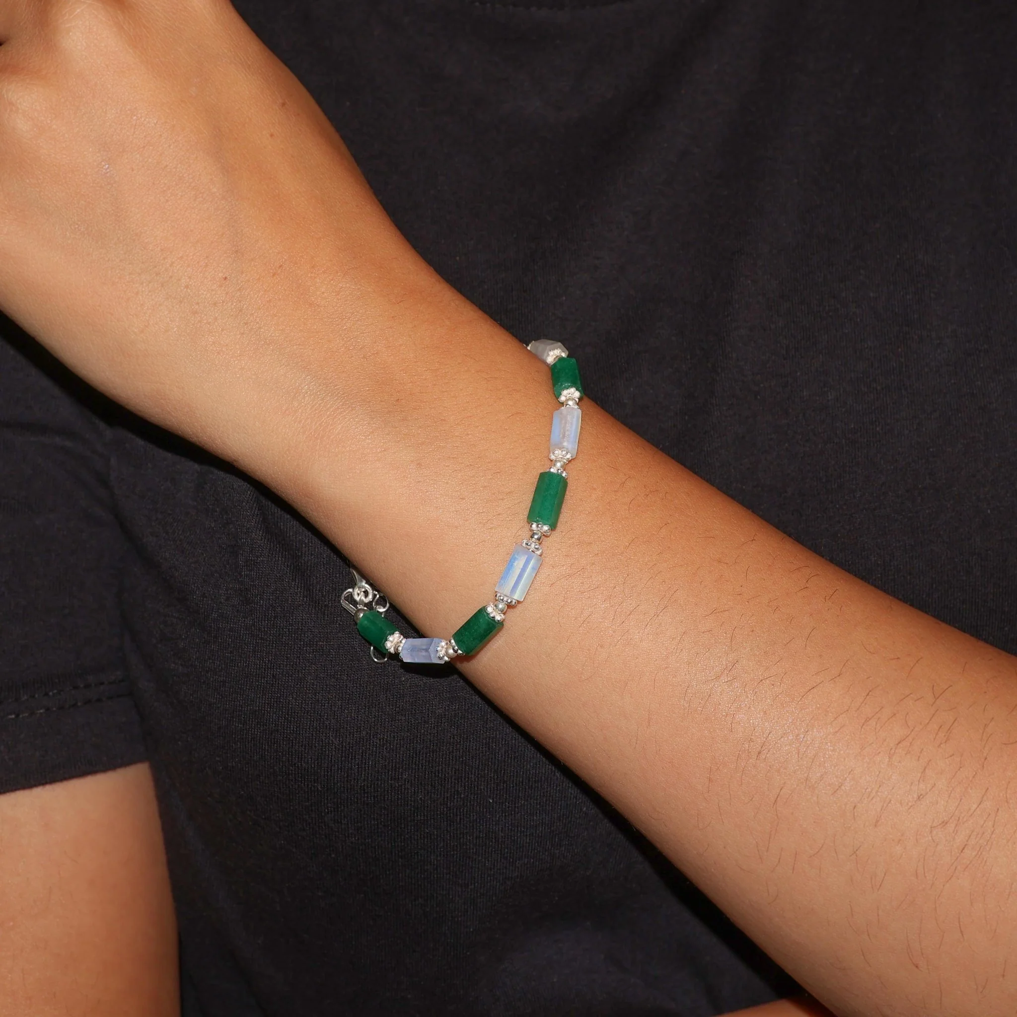 925 Sterling Silver Green Emerald With Moonstone Bracelet - Image 3