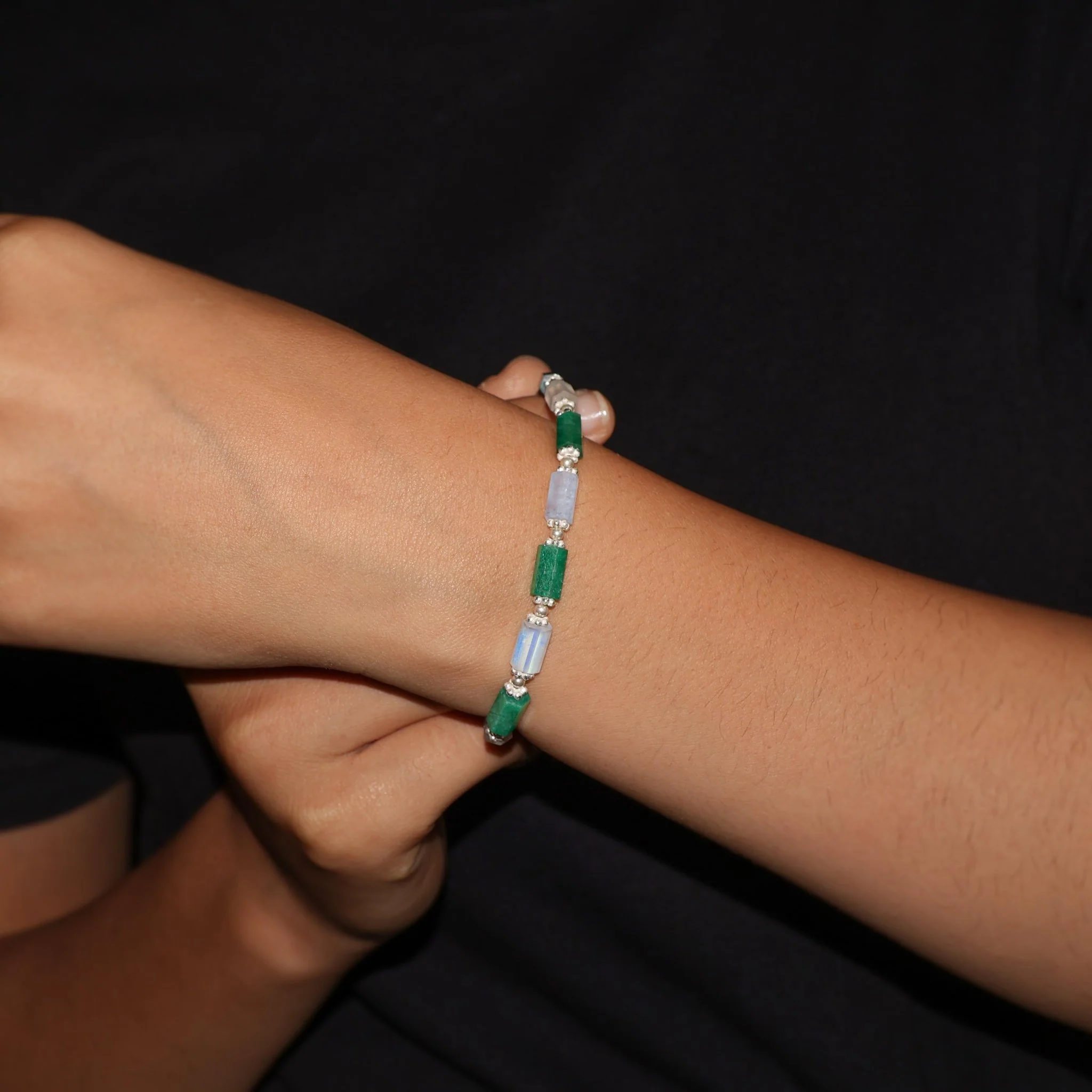 925 Sterling Silver Green Emerald With Moonstone Bracelet - Image 4