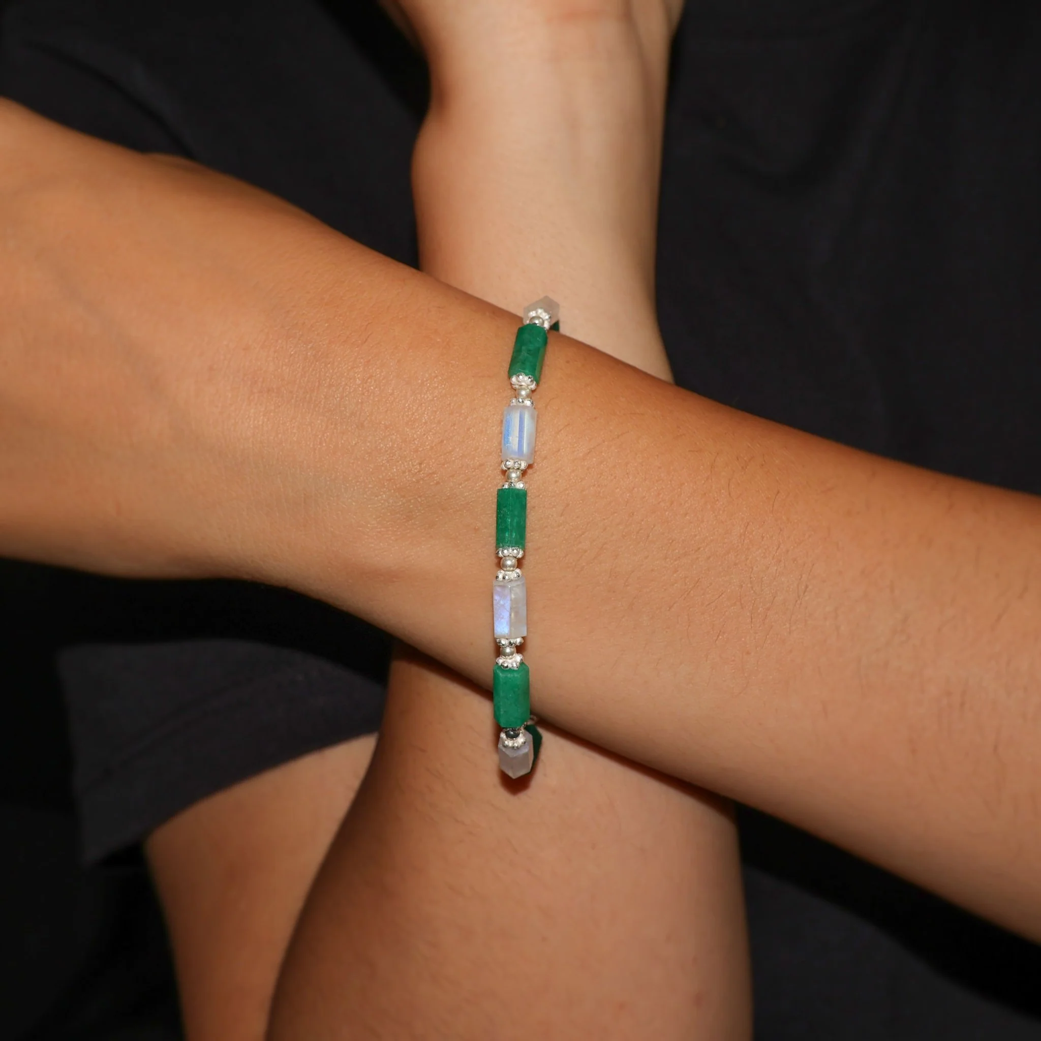 925 Sterling Silver Green Emerald With Moonstone Bracelet - Image 5