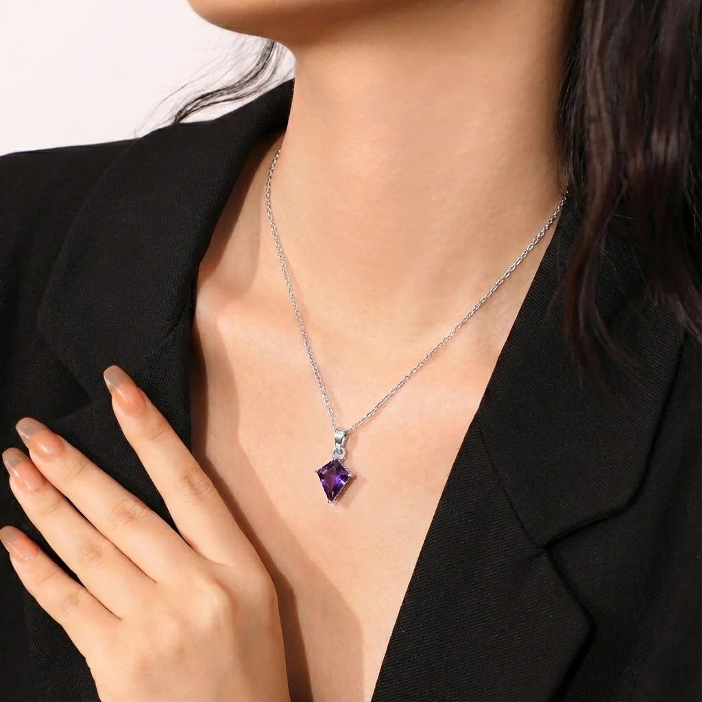 Amethyst Kite Solitaire Pendant Necklace in 925 Sterling Silver 1.4ct - Image 7