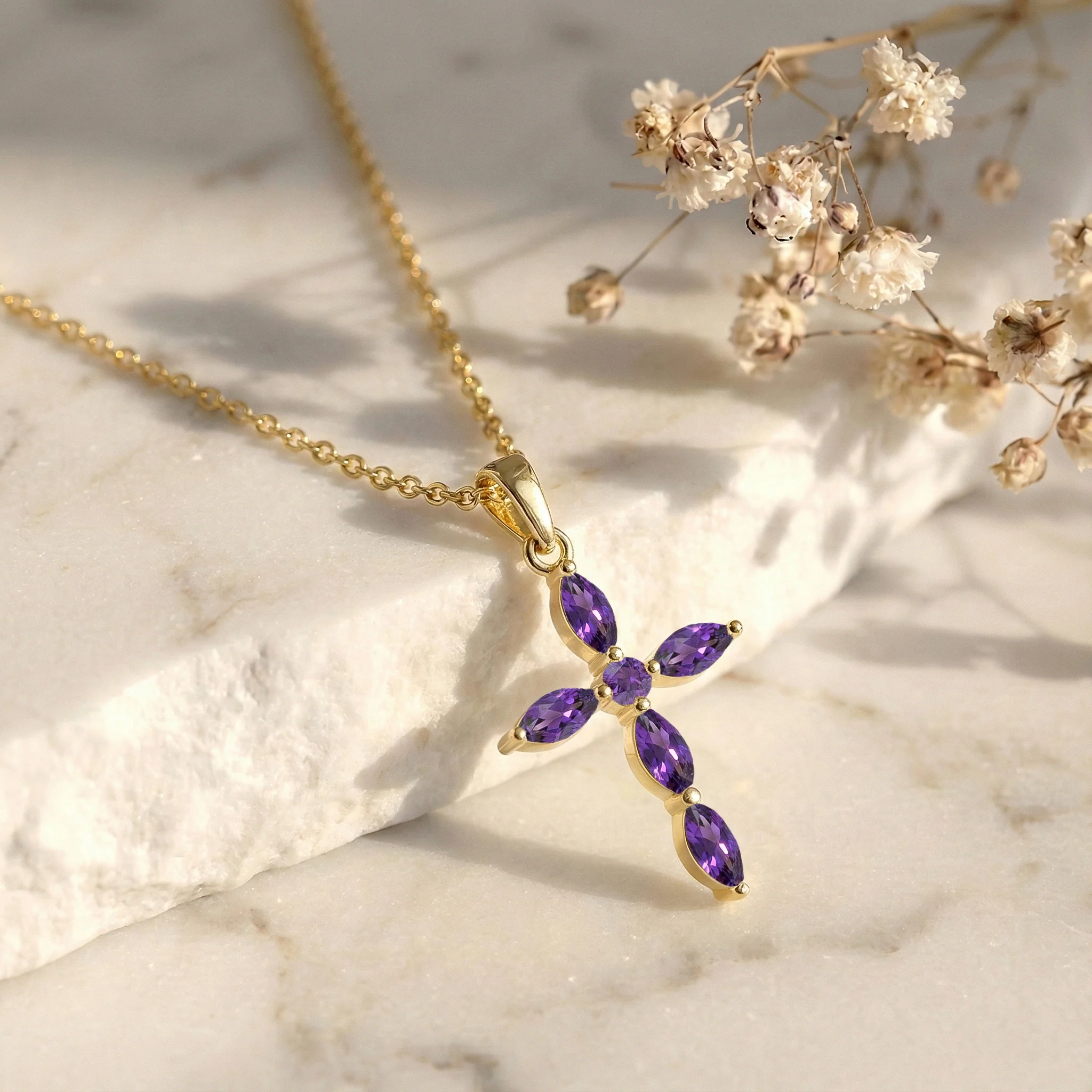Amethyst Marquise Cross Pendant Necklace in 925 Sterling Silver 2ct - Image 11