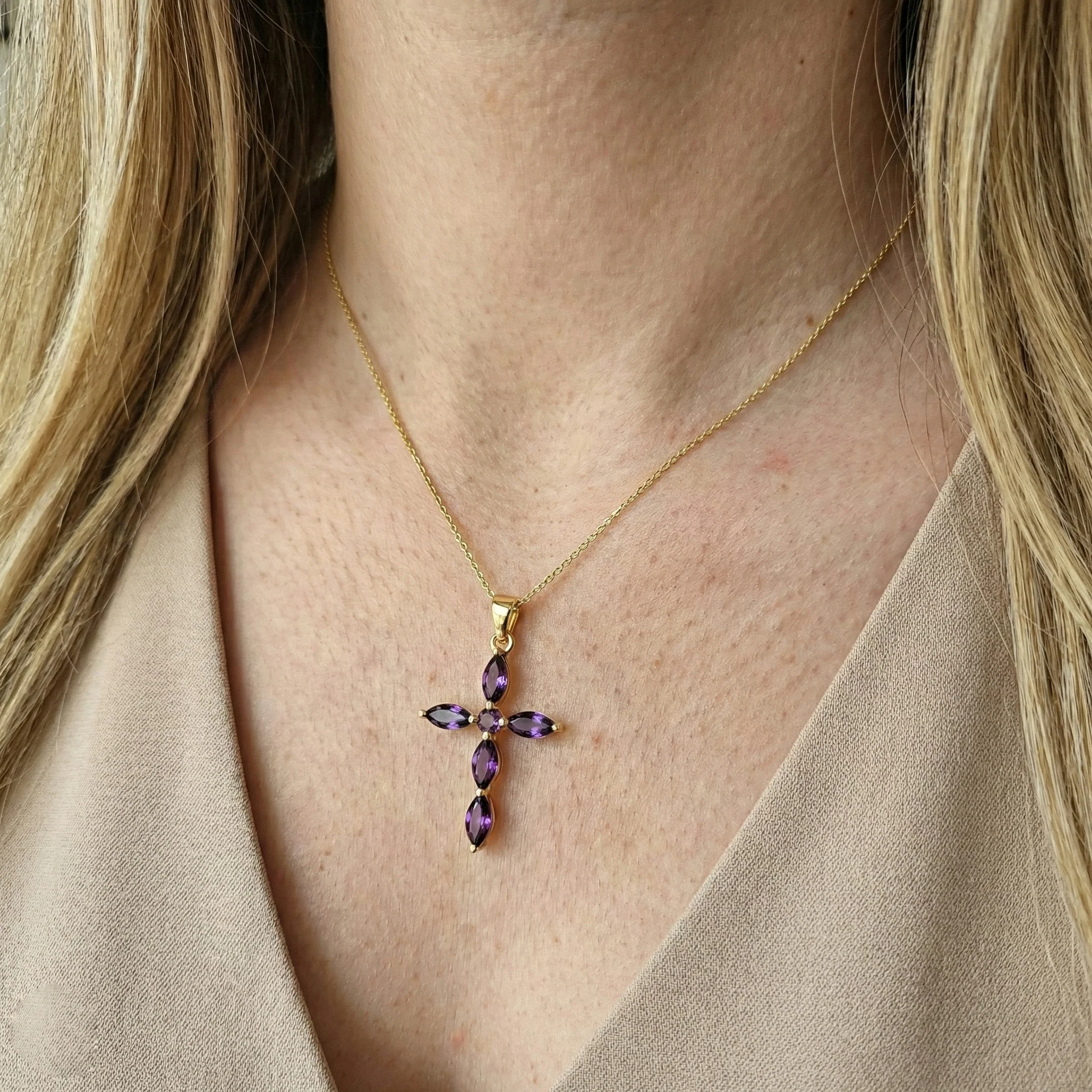 Amethyst Marquise Cross Pendant Necklace in 925 Sterling Silver 2ct - Image 13