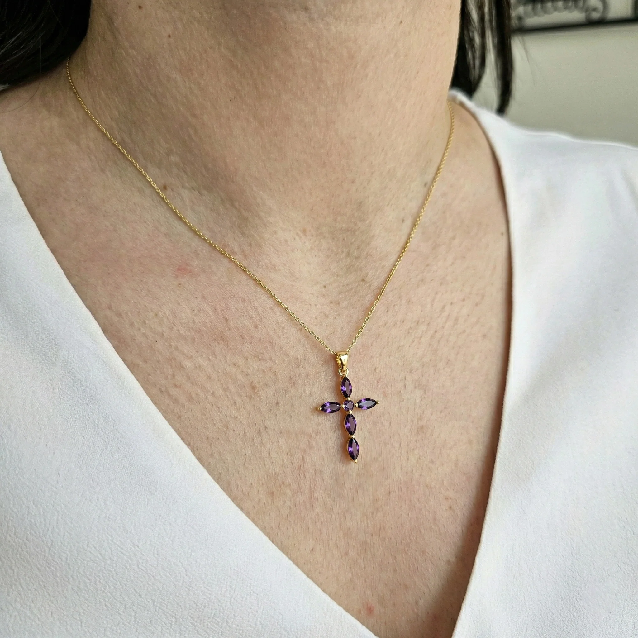 Amethyst Marquise Cross Pendant Necklace in 925 Sterling Silver 2ct - Image 14