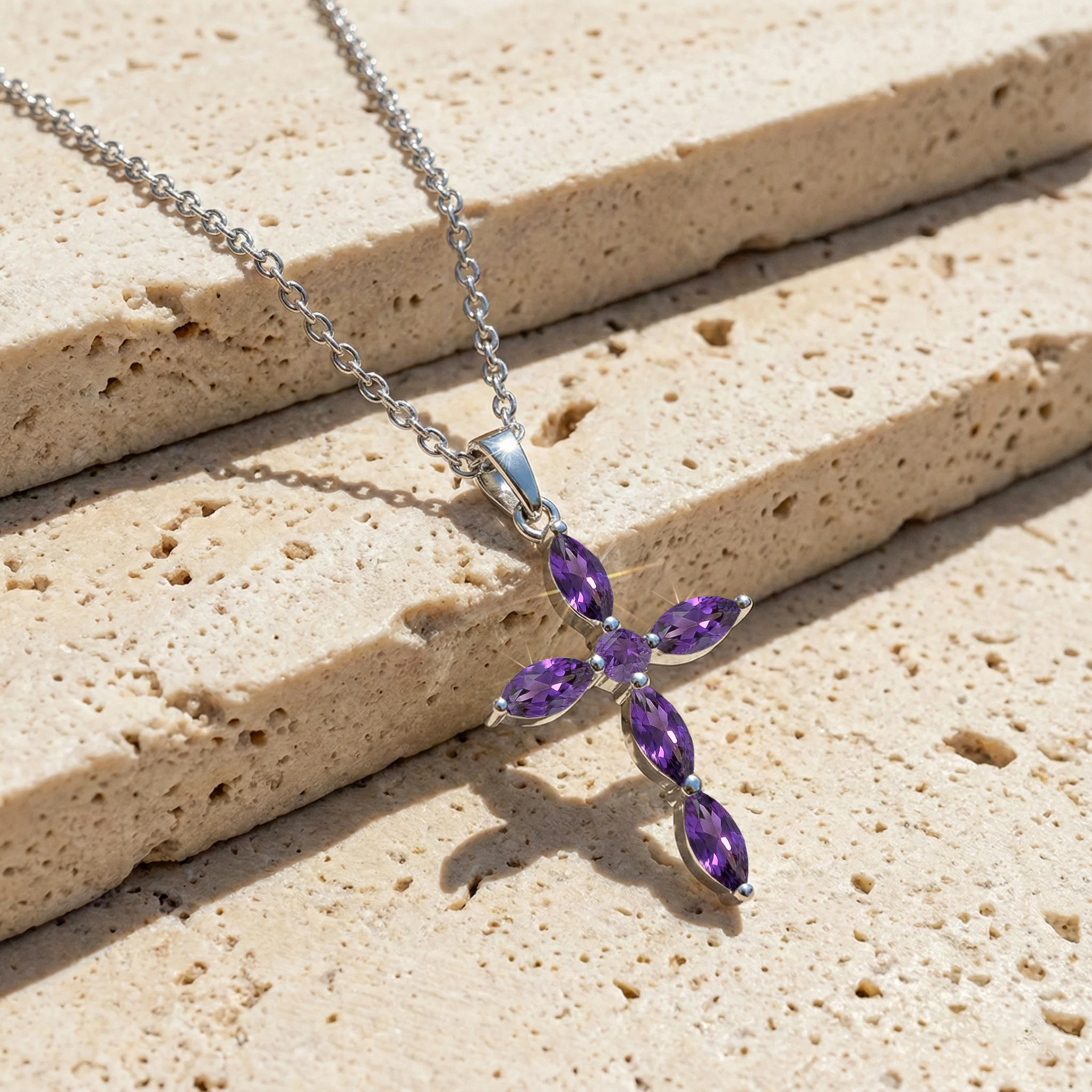 Amethyst Marquise Cross Pendant Necklace in 925 Sterling Silver 2ct - Image 3