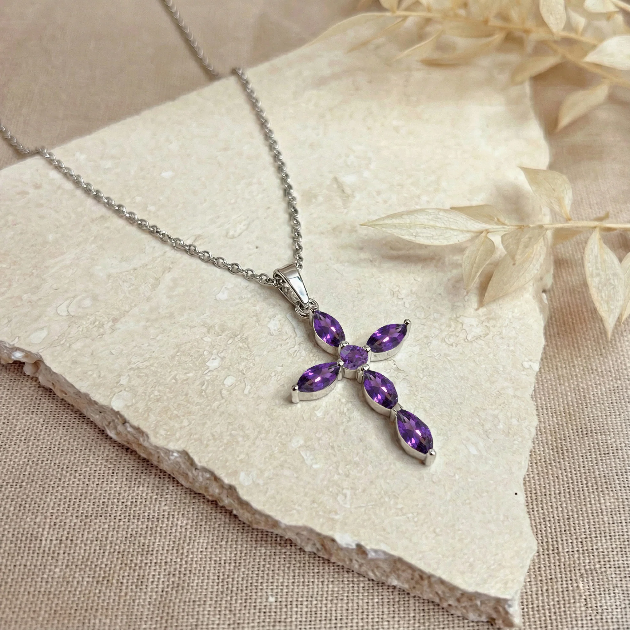 Amethyst Marquise Cross Pendant Necklace in 925 Sterling Silver 2ct - Image 4