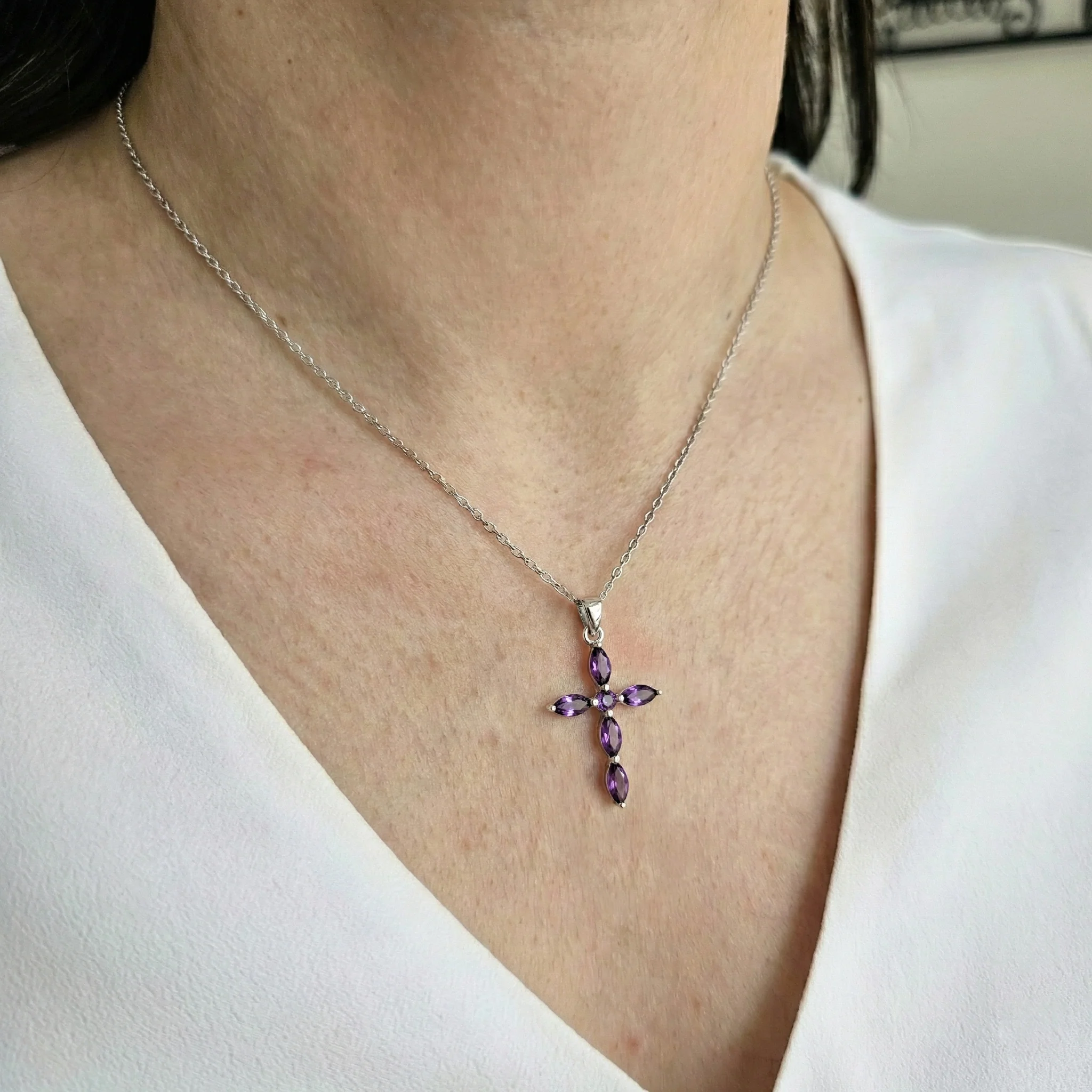 Amethyst Marquise Cross Pendant Necklace in 925 Sterling Silver 2ct - Image 5