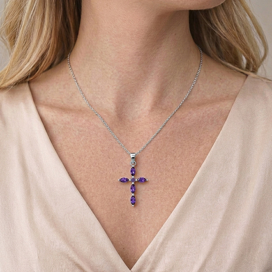 Amethyst Marquise Cross Pendant Necklace in 925 Sterling Silver 2ct - Image 7