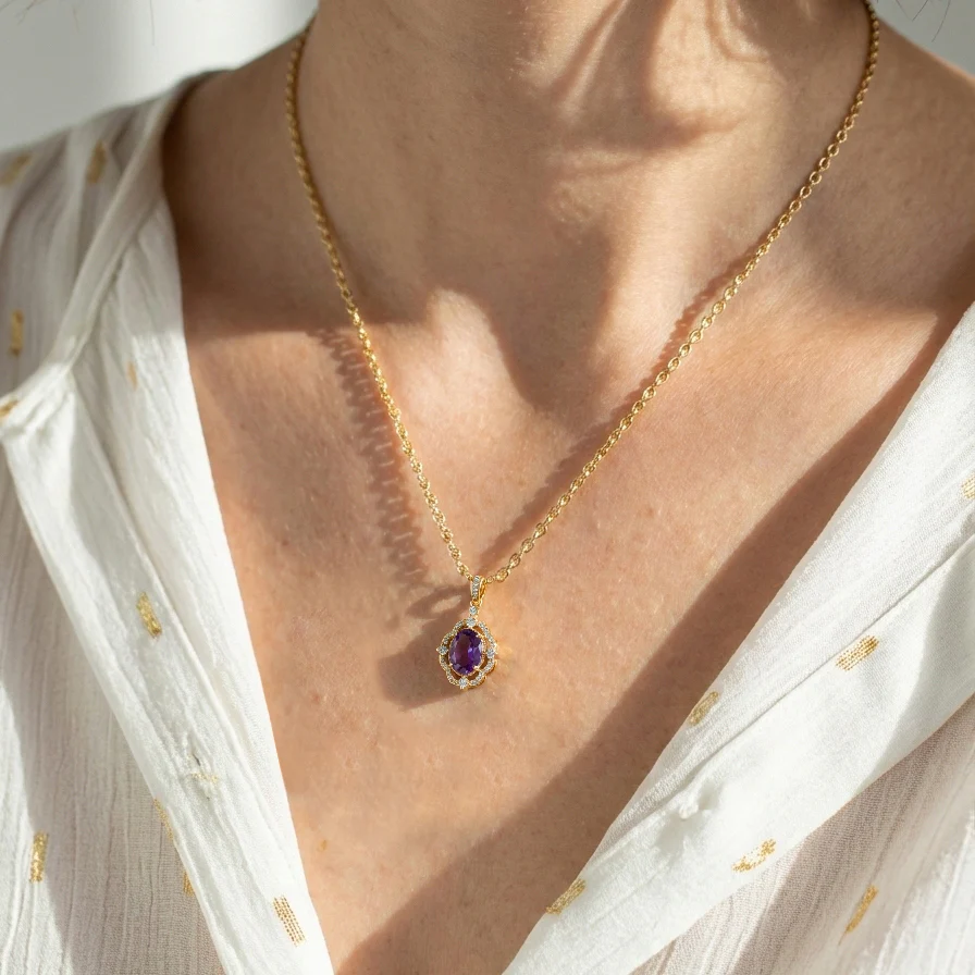 Amethyst Oval Halo Pendant Necklace in 925 Sterling Silver 1.2ct - Image 10