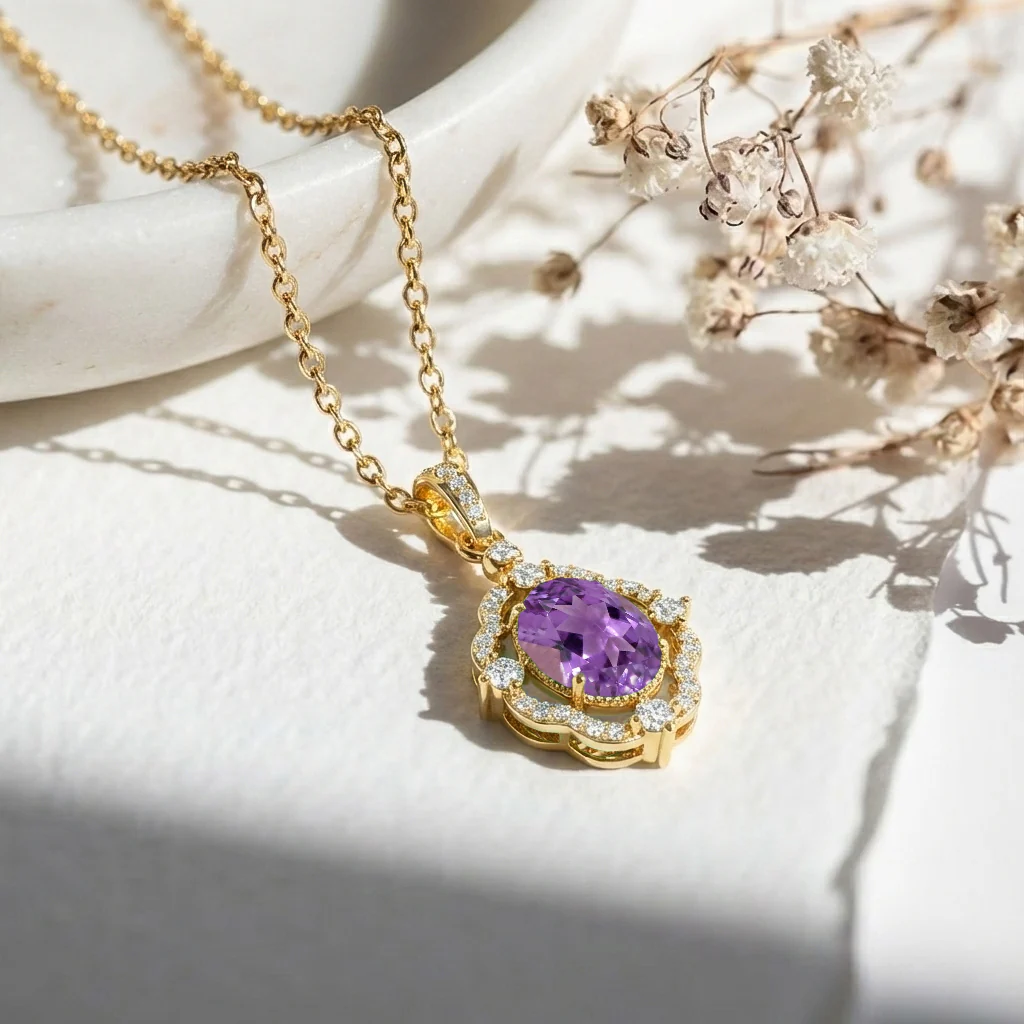 Amethyst Oval Halo Pendant Necklace in 925 Sterling Silver 1.2ct - Image 12