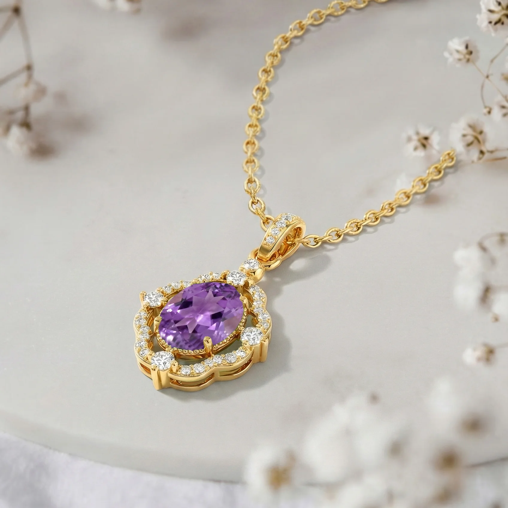 Amethyst Oval Halo Pendant Necklace in 925 Sterling Silver 1.2ct - Image 13