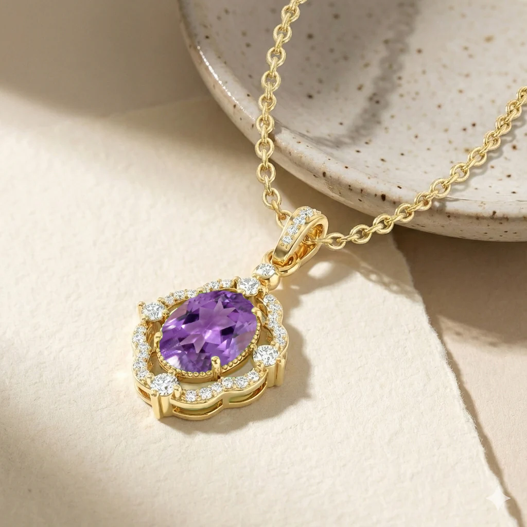 Amethyst Oval Halo Pendant Necklace in 925 Sterling Silver 1.2ct - Image 14