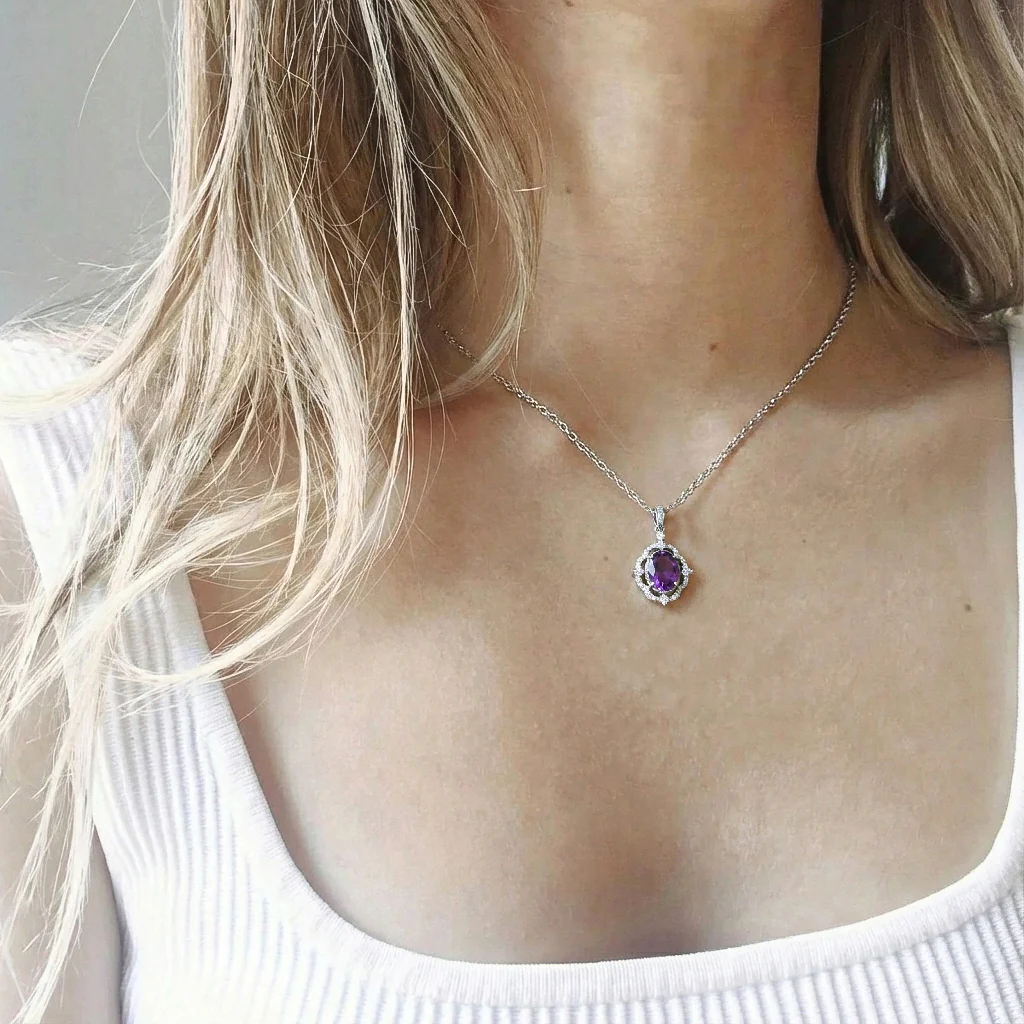 Amethyst Oval Halo Pendant Necklace in 925 Sterling Silver 1.2ct - Image 3
