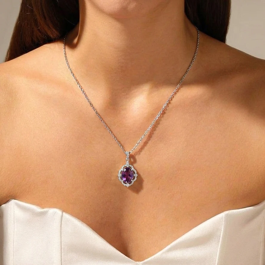 Amethyst Oval Halo Pendant Necklace in 925 Sterling Silver 1.2ct - Image 4