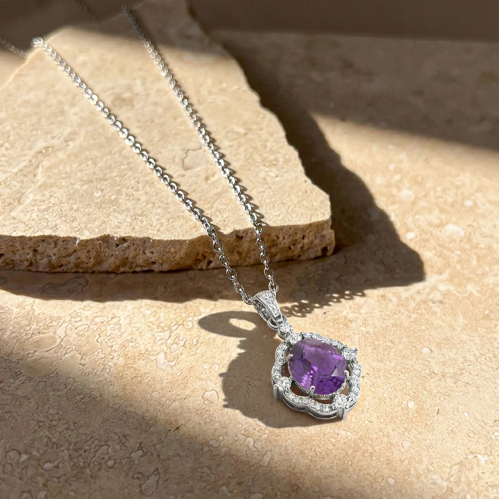 Amethyst Oval Halo Pendant Necklace in 925 Sterling Silver 1.2ct - Image 6