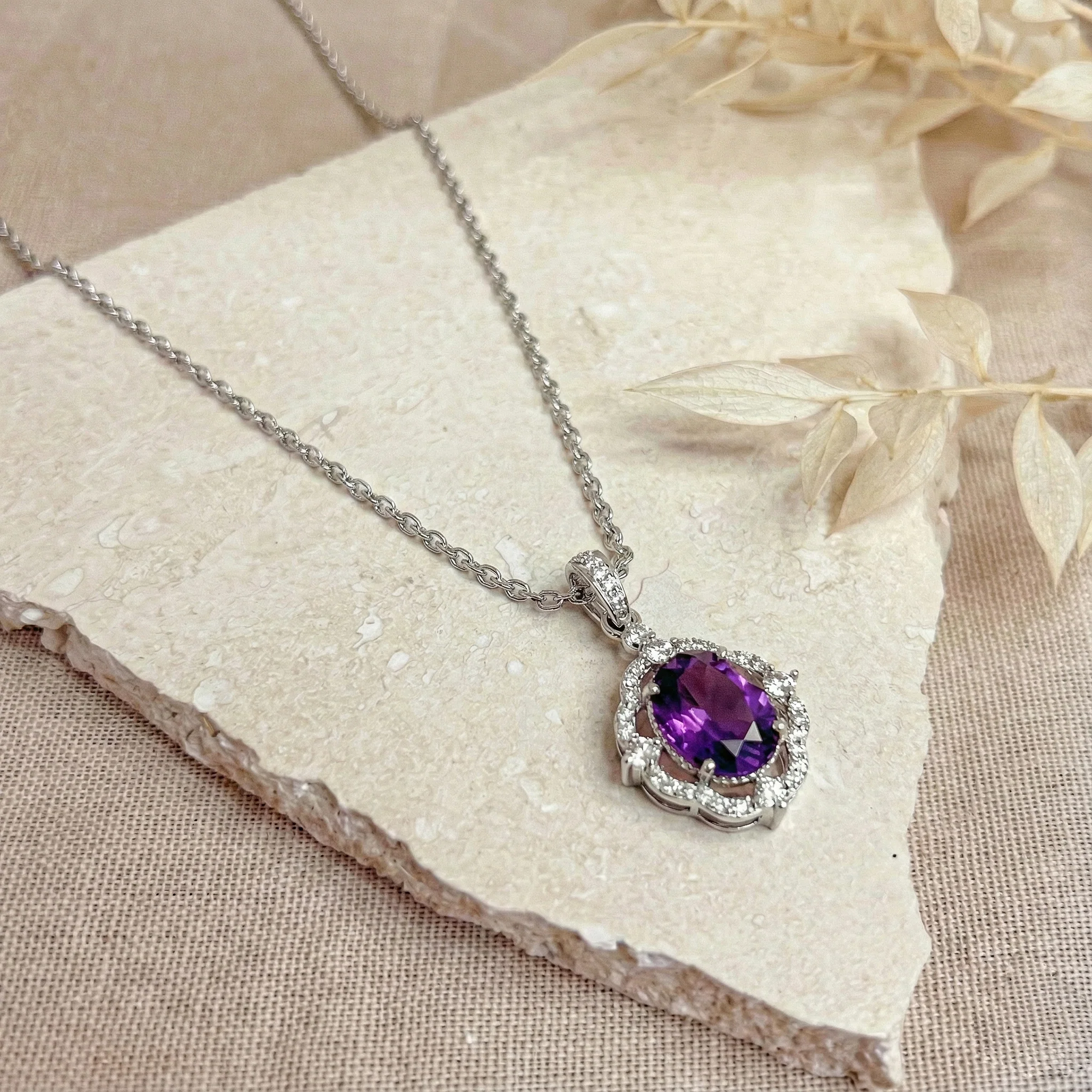 Amethyst Oval Halo Pendant Necklace in 925 Sterling Silver 1.2ct - Image 7