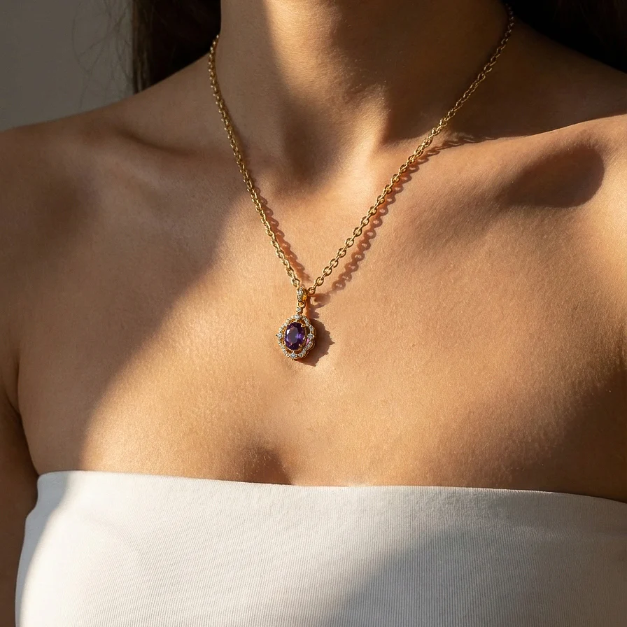 Amethyst Oval Halo Pendant Necklace in 925 Sterling Silver 1.2ct - Image 8