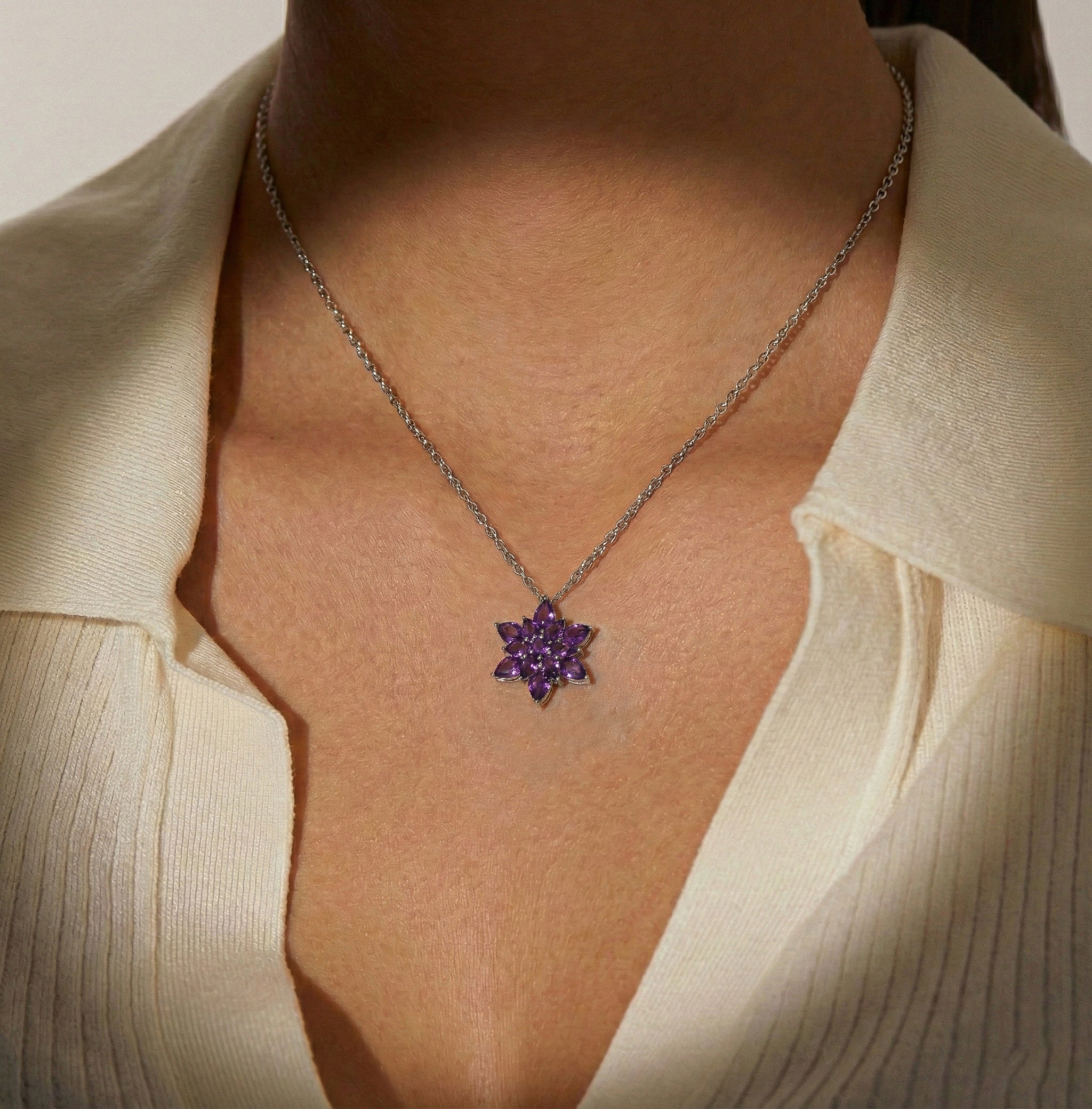 Amethyst Pear Floral Pendant Necklace in 925 Sterling Silver 5.70ct - Image 3