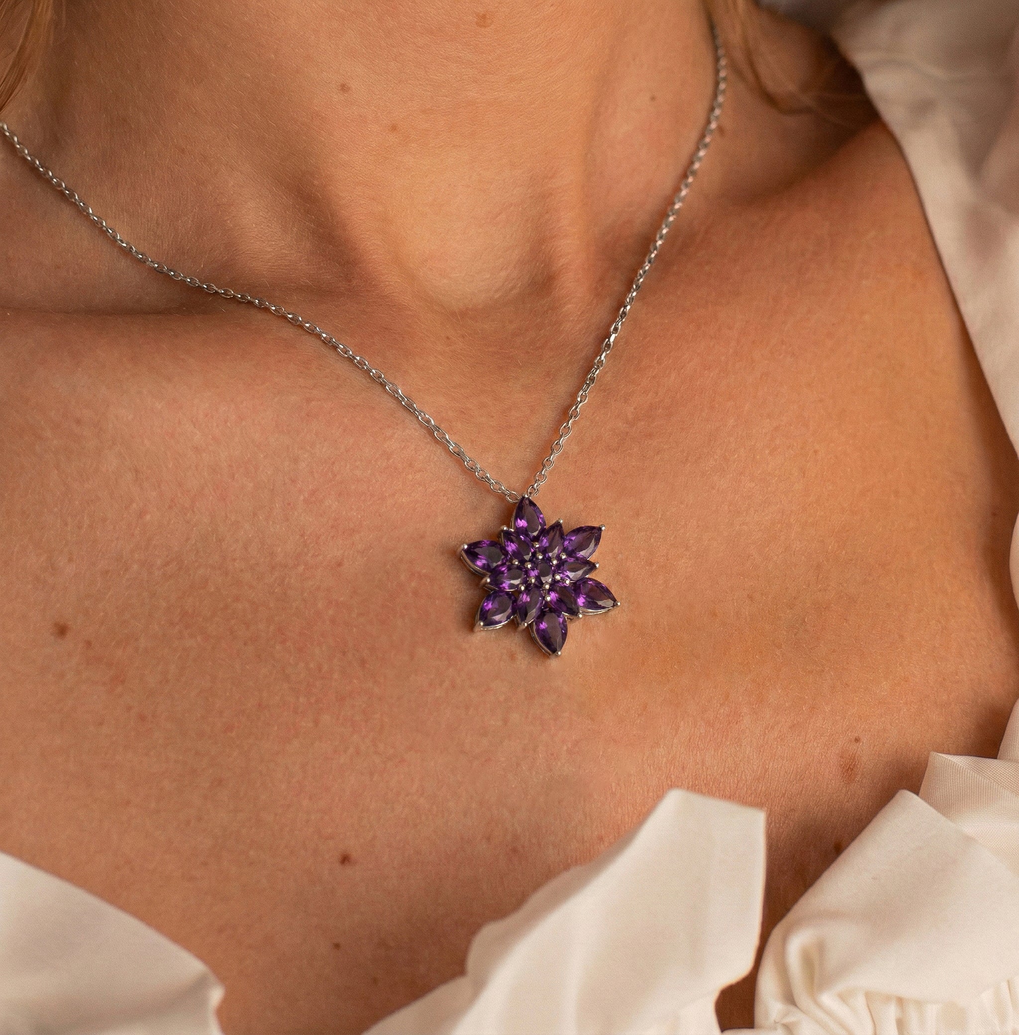 Amethyst Pear Floral Pendant Necklace in 925 Sterling Silver 5.70ct - Image 4