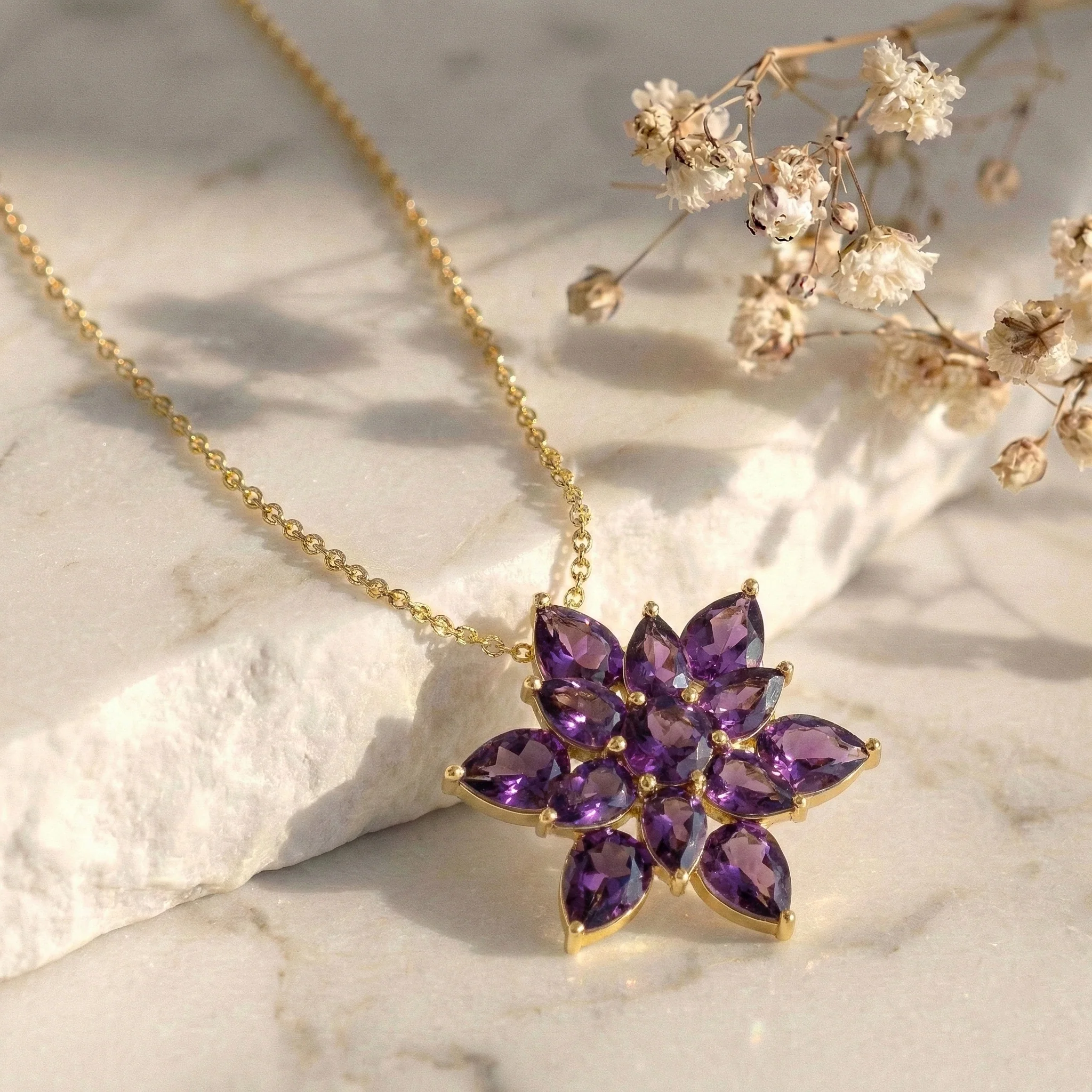 Amethyst Pear Floral Pendant Necklace in 925 Sterling Silver 5.70ct - Image 9