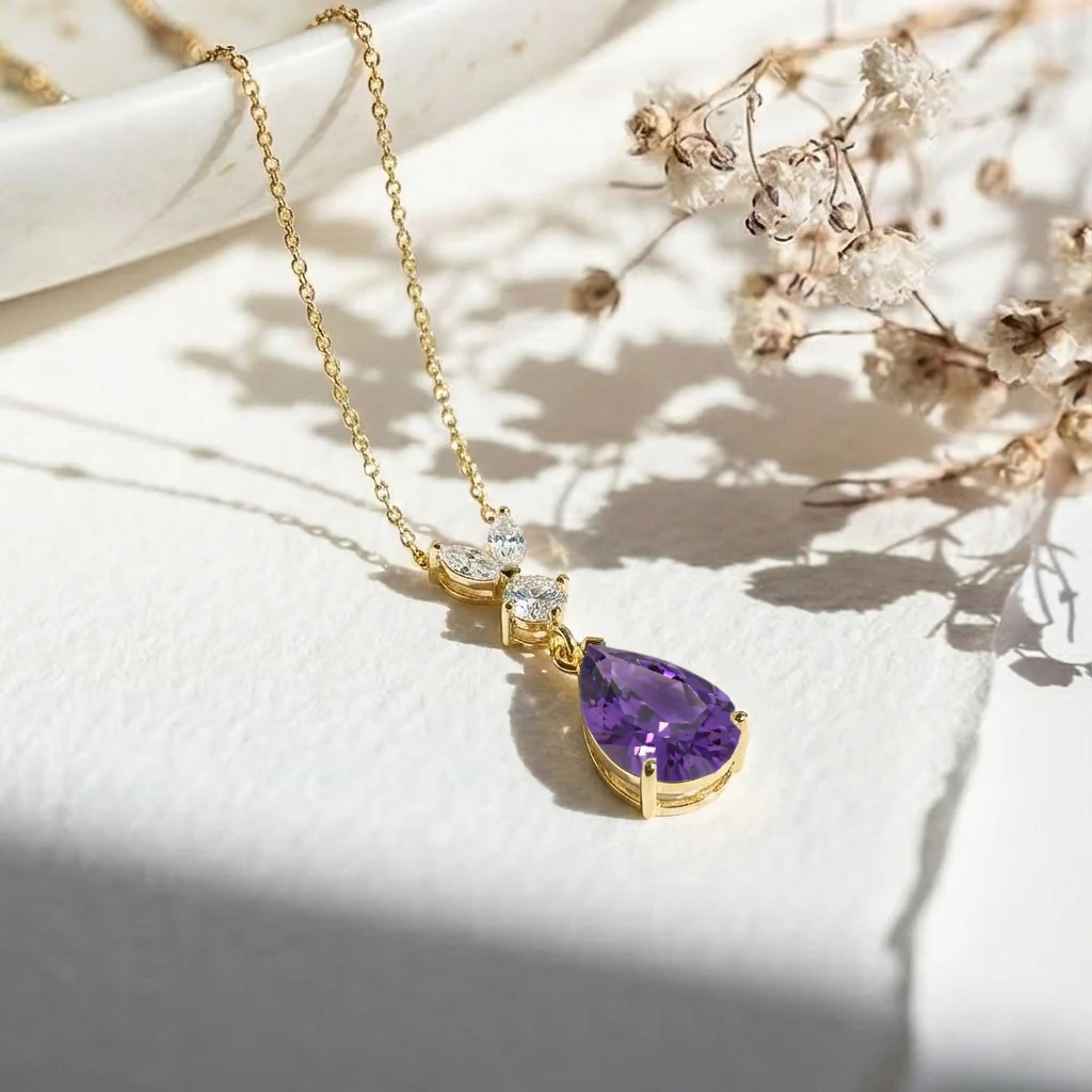 Amethyst Pear Teardrop Pendant Necklace in 925 Sterling Silver 1.7ct - Image 14