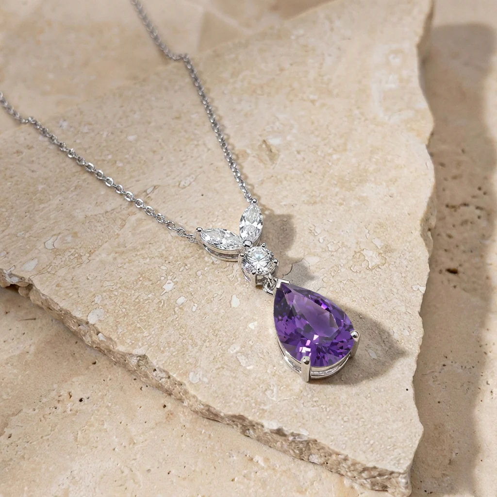 Amethyst Pear Teardrop Pendant Necklace in 925 Sterling Silver 1.7ct - Image 3