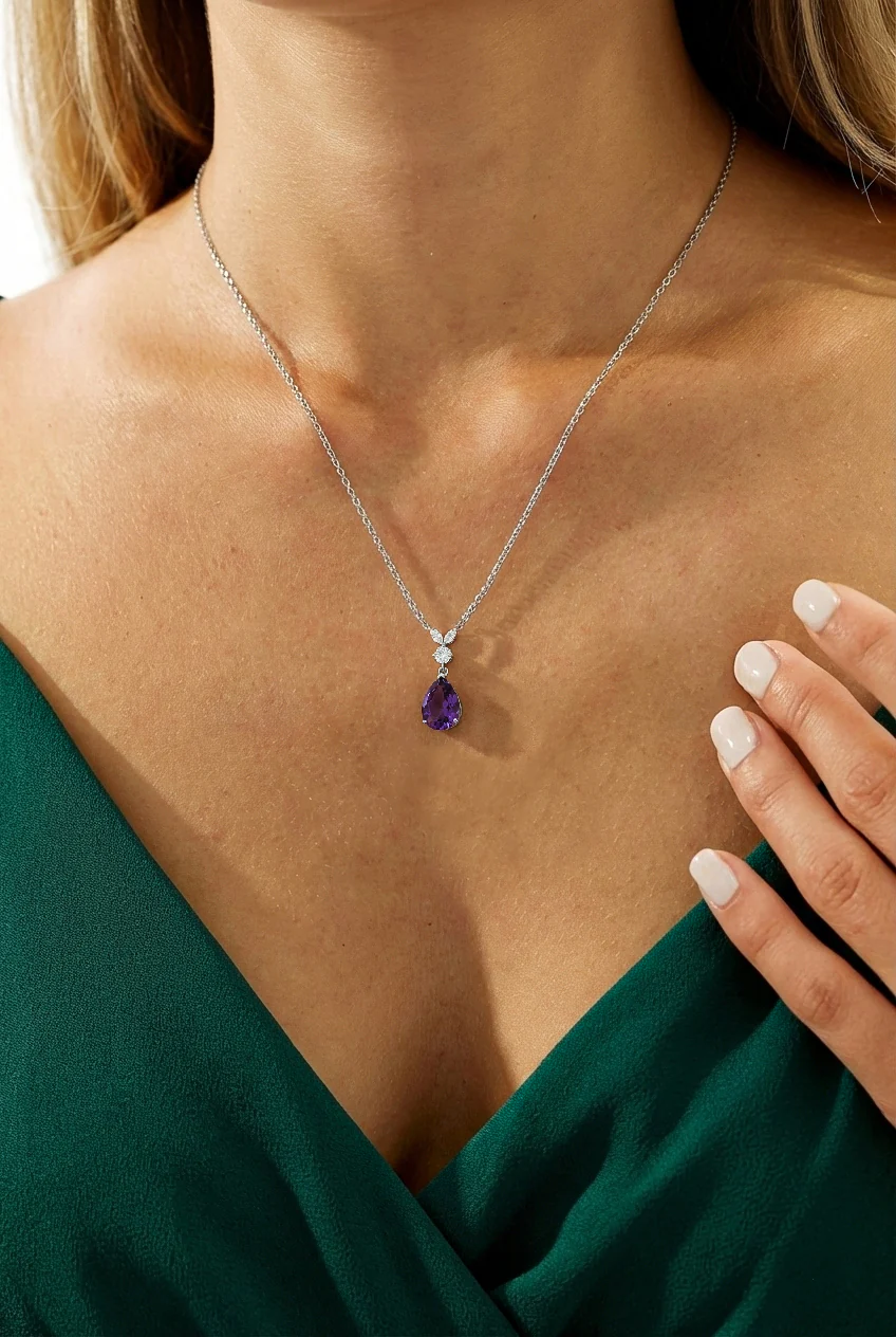 Amethyst Pear Teardrop Pendant Necklace in 925 Sterling Silver 1.7ct - Image 6