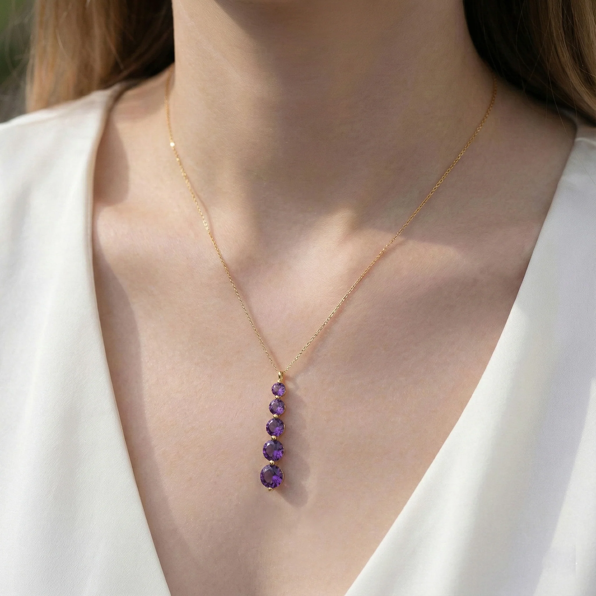 Amethyst Round 5 Stone Bar Pendant Necklace in 925 Sterling Silver 3.90ct - Image 12