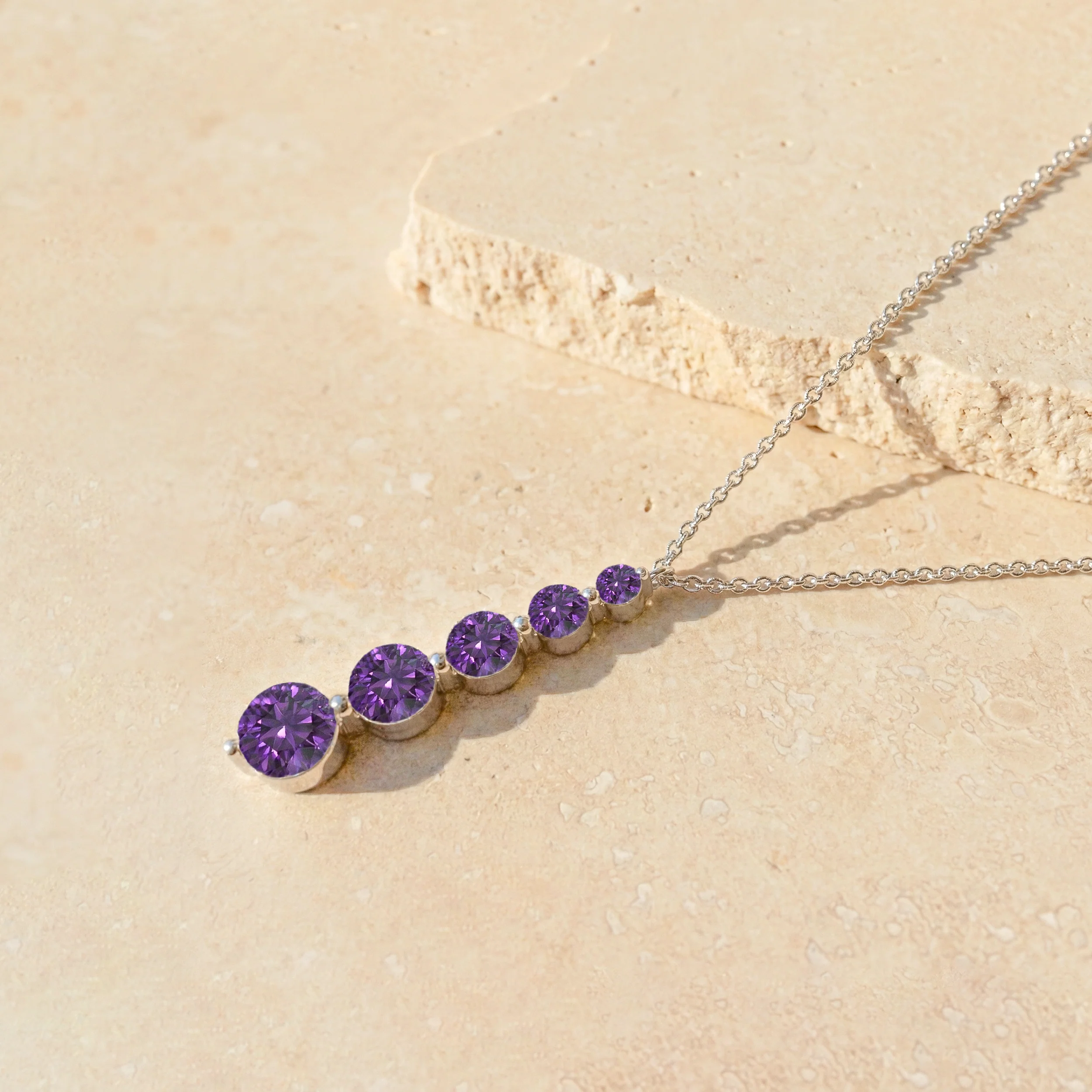 Amethyst Round 5 Stone Bar Pendant Necklace in 925 Sterling Silver 3.90ct - Image 4