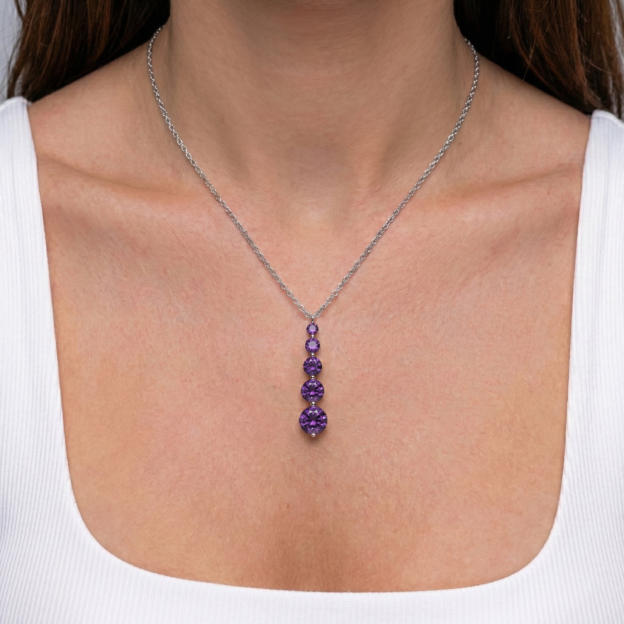 Amethyst Round 5 Stone Bar Pendant Necklace in 925 Sterling Silver 3.90ct - Image 5