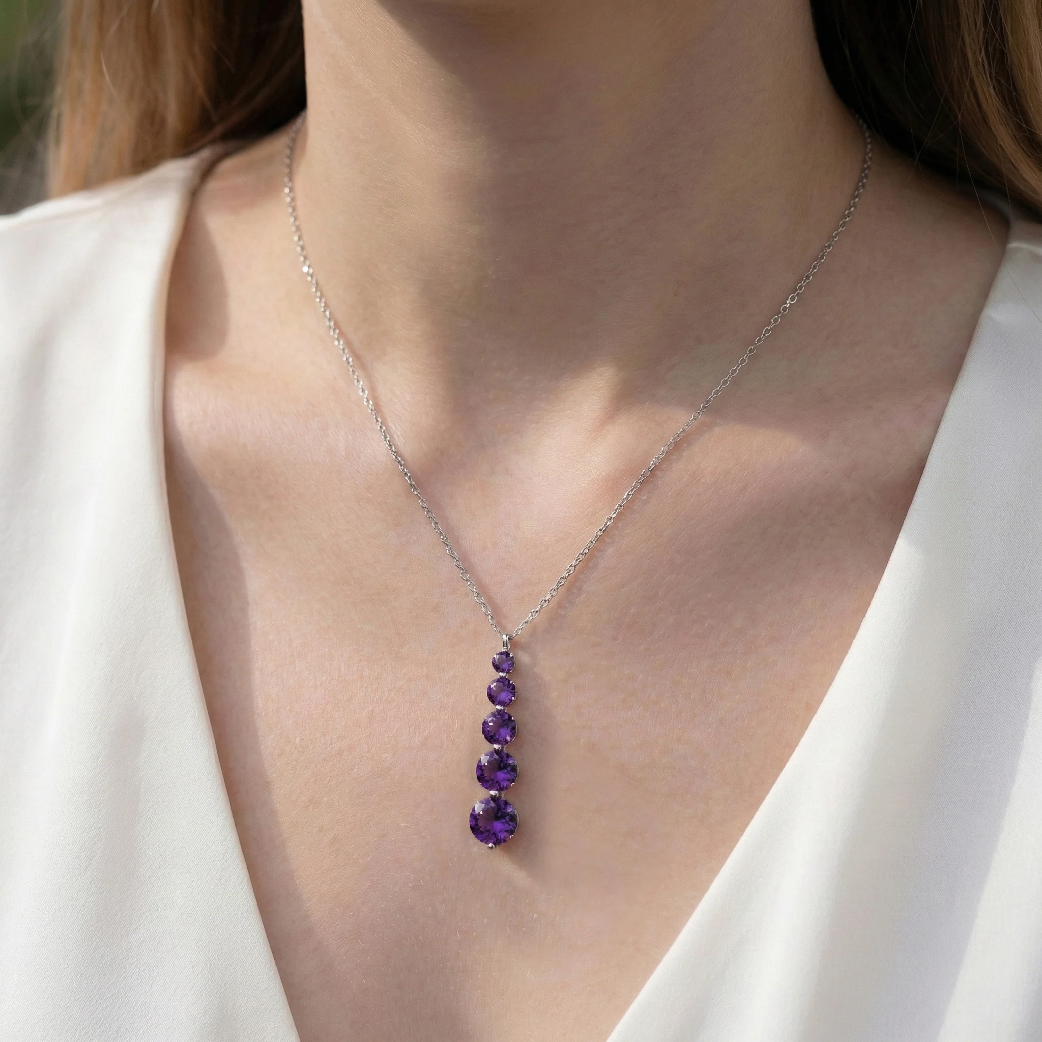 Amethyst Round 5 Stone Bar Pendant Necklace in 925 Sterling Silver 3.90ct - Image 6