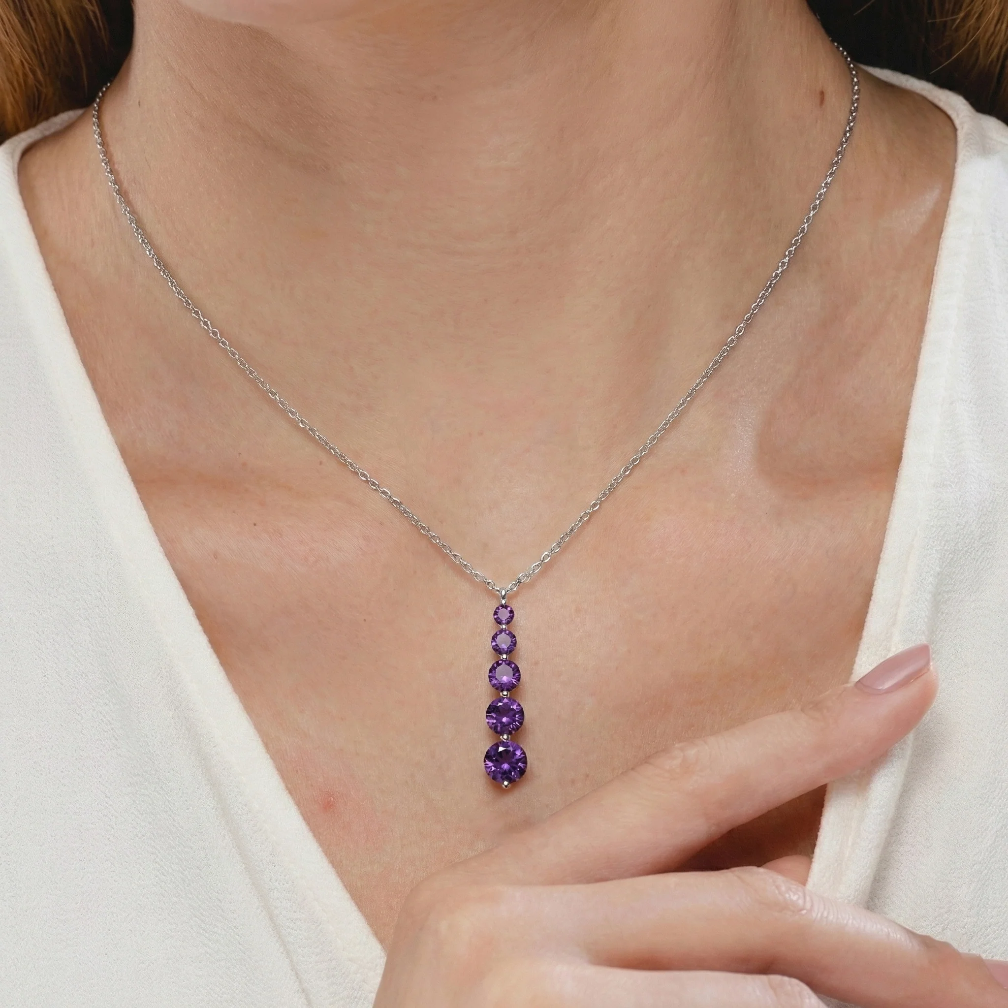 Amethyst Round 5 Stone Bar Pendant Necklace in 925 Sterling Silver 3.90ct - Image 7