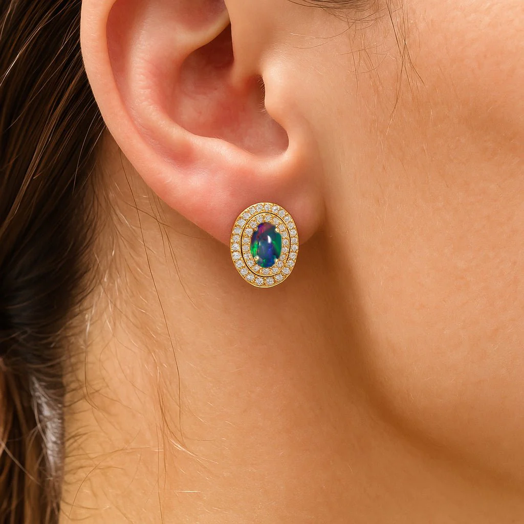 Black Opal Halo Stud Earrings in Sterling Silver - Image 3