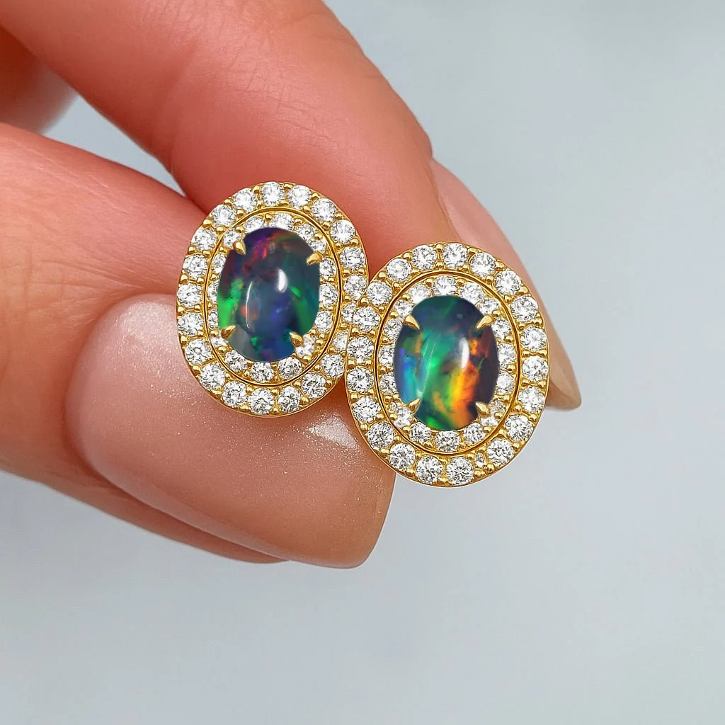 Black Opal Halo Stud Earrings in Sterling Silver - Image 4