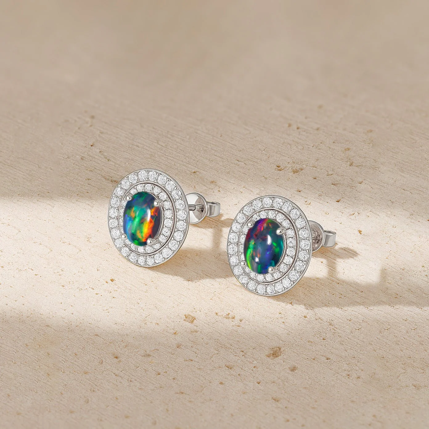 Black Opal Halo Stud Earrings in Sterling Silver - Image 5
