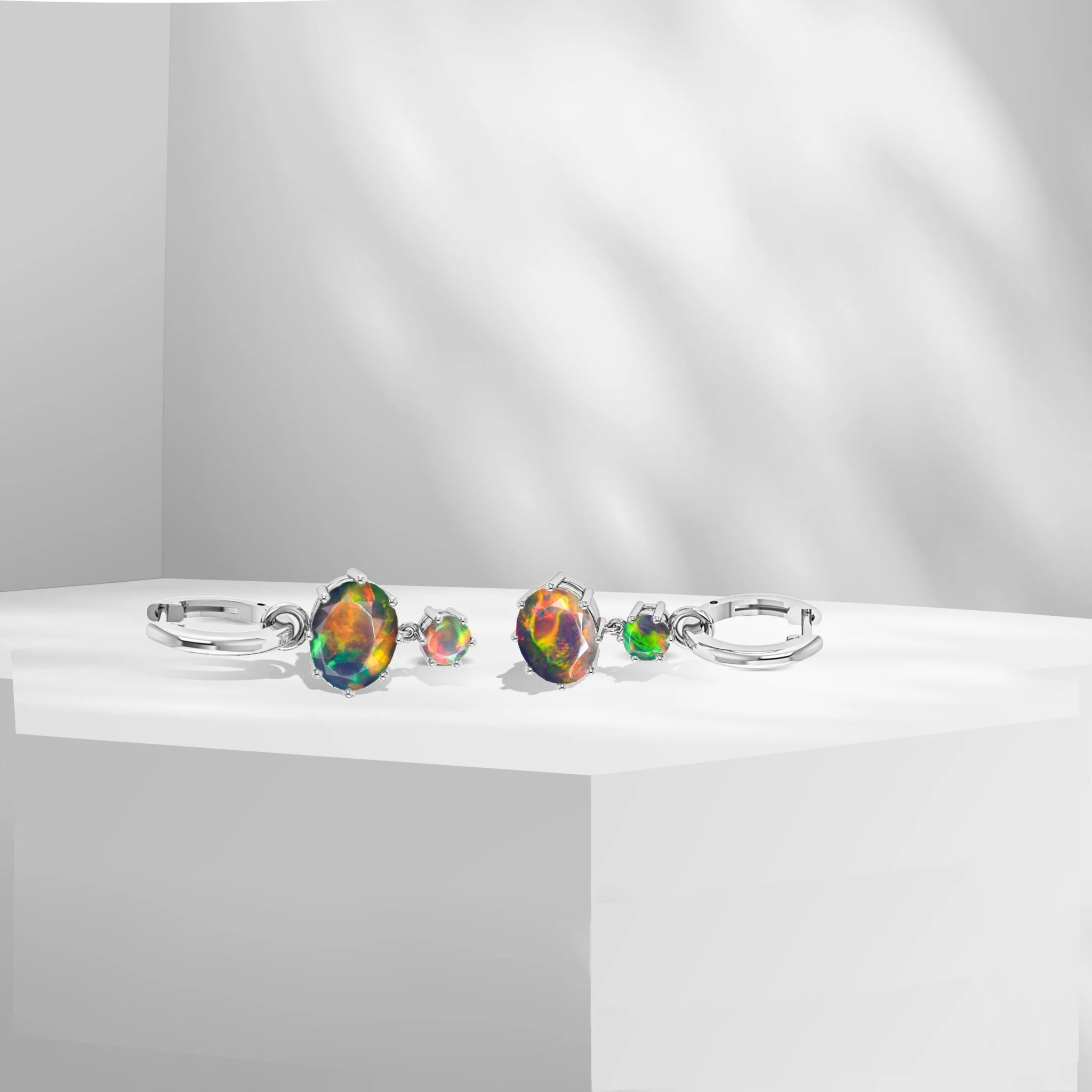 Blue Fire Opal Dual Round Stone Hoop Earrings - Image 6
