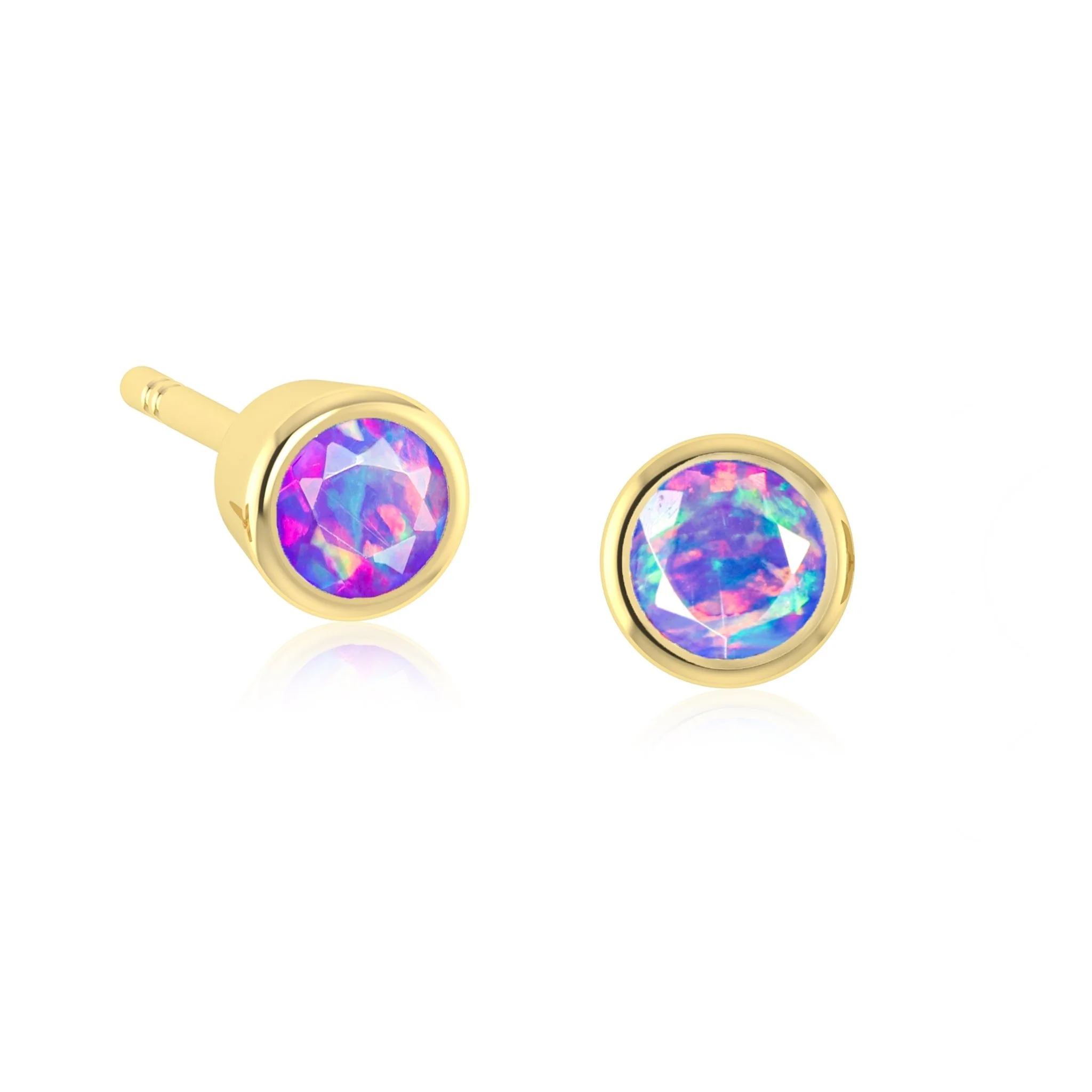 Blue Fire Round Opal Bezel Stud Earring - Image 3