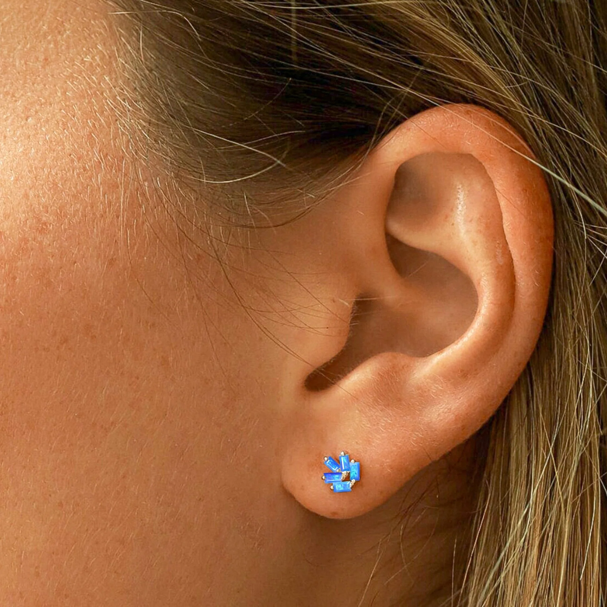 Blue Opal Baguette Stone Stud Earring - Image 4