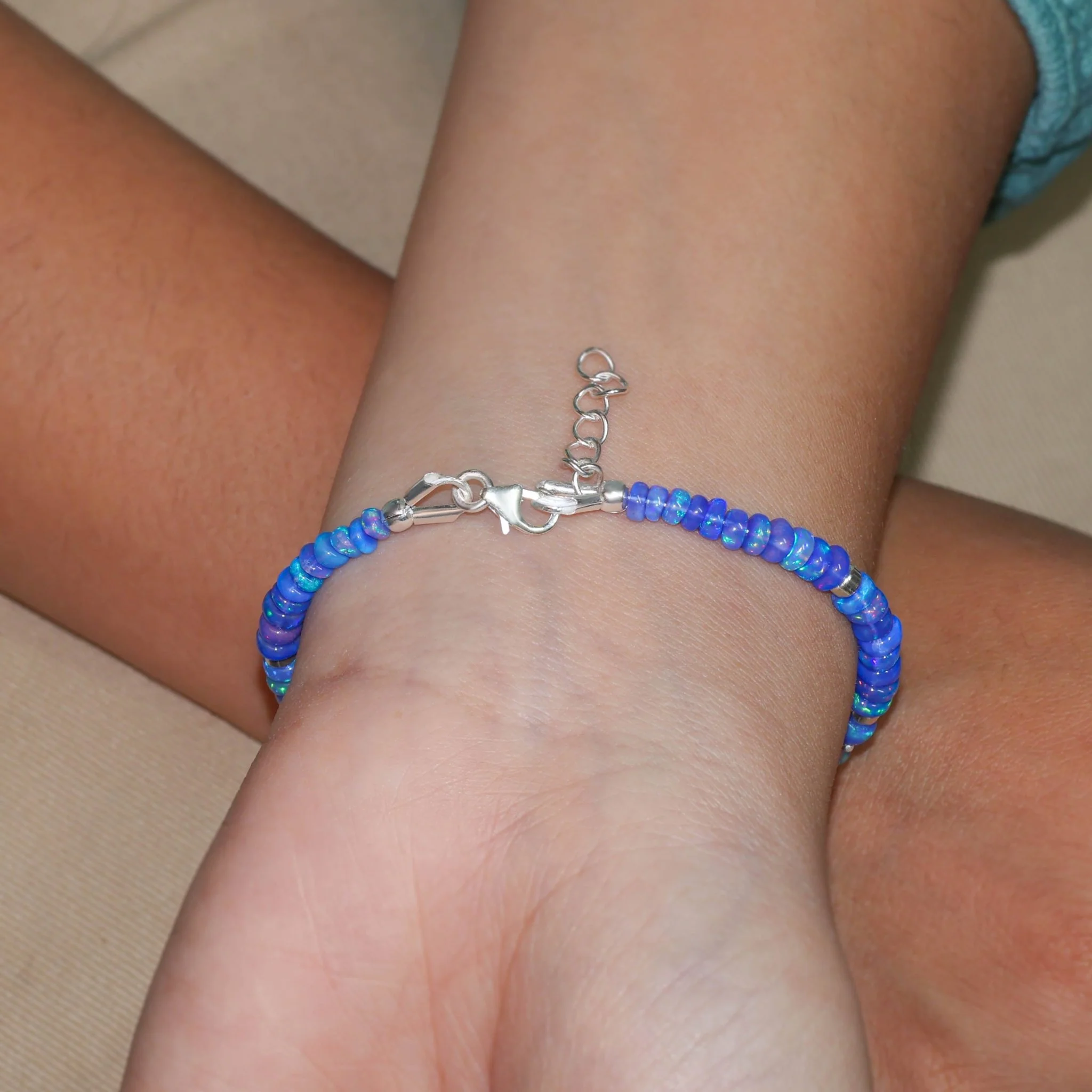 Blue Opal Beaded Bracelet With Circular Silver Chakri Beads - Image 3