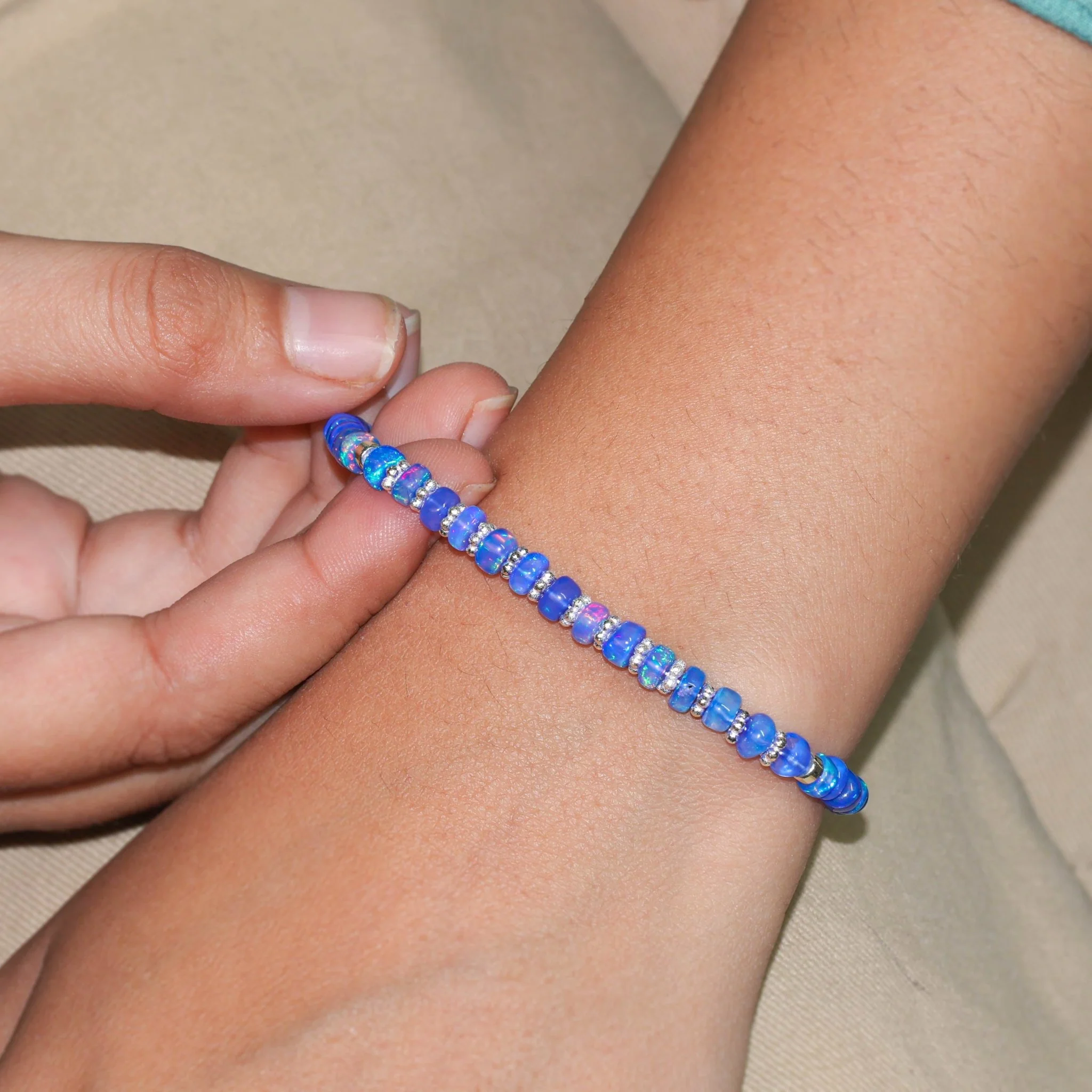 Blue Opal Beaded Bracelet With Circular Silver Chakri Beads - Image 5