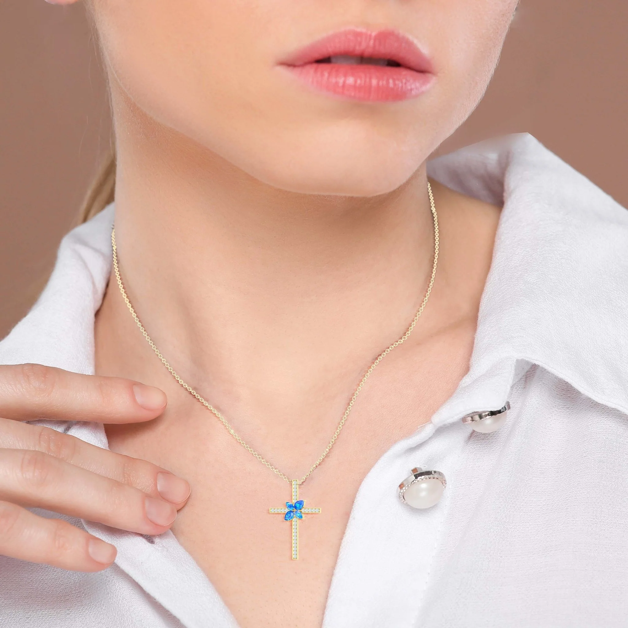 Cross Style Chain Pendant Necklace Natural Blue Opal - Image 3