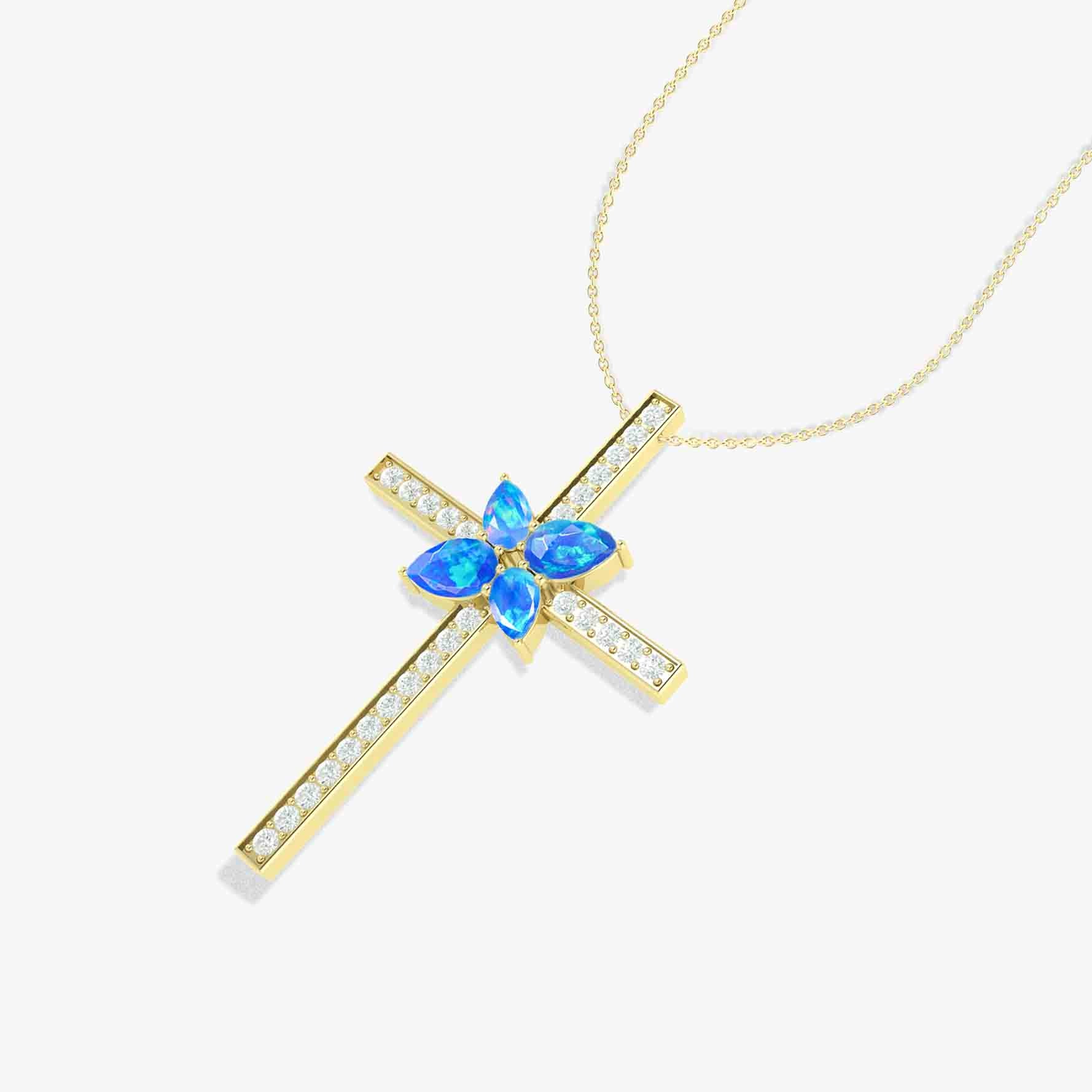 Cross Style Chain Pendant Necklace Natural Blue Opal - Image 4