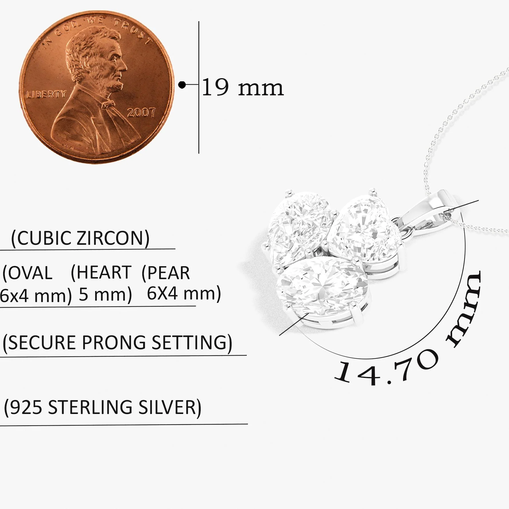 Cubic Zirconia 3 Stone Heart Pendant Necklace in 925 Sterling Silver 1.65ct - Image 3