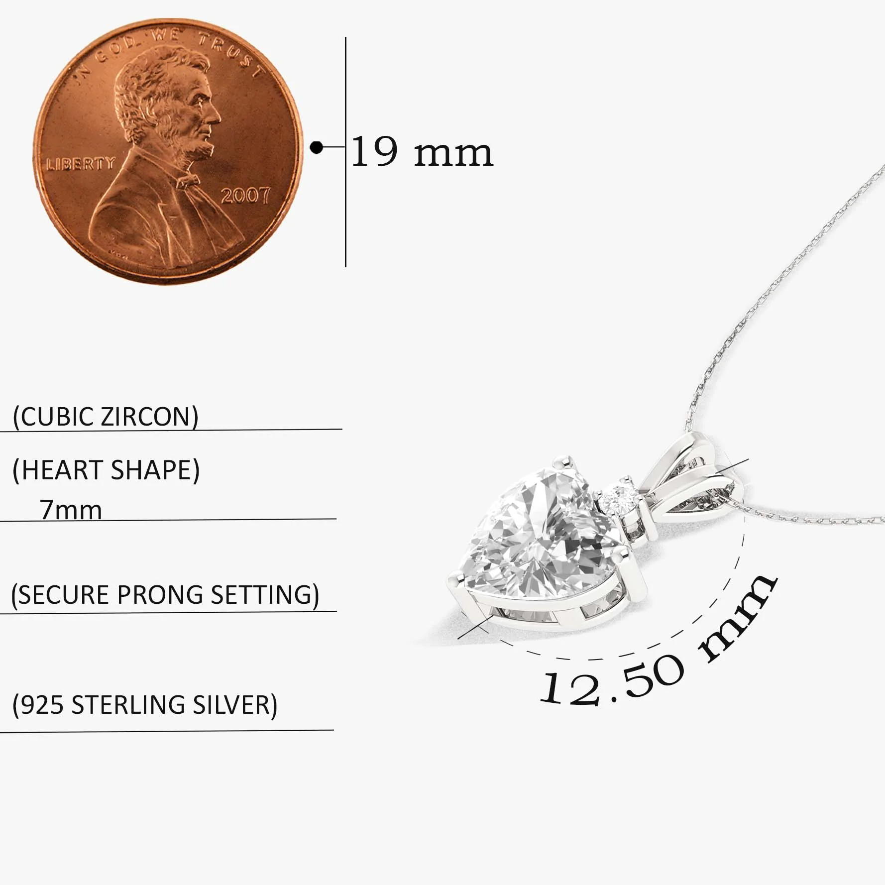 Cubic Zirconia Heart Pendant Necklace in 925 Sterling Silver 7mm 1.5ct - Image 7