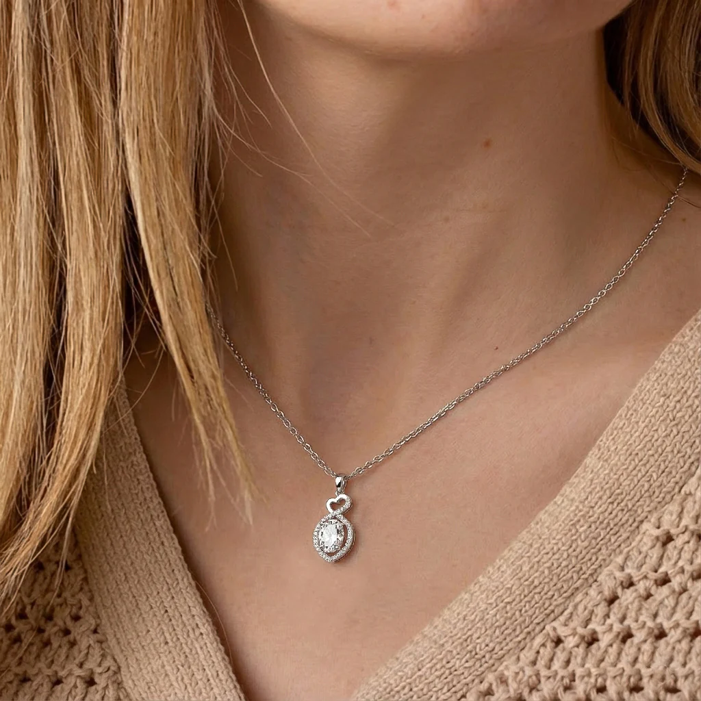 Cubic Zirconia Oval Infinity Twist Heart Pendant Necklace in 925 Sterling Silver 1.2ct - Image 6