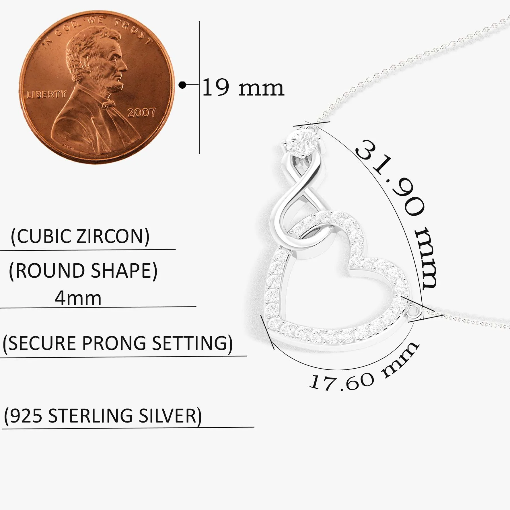Cubic Zirconia Round Infinity Heart Pendant Necklace in 925 Sterling Silver - Image 8