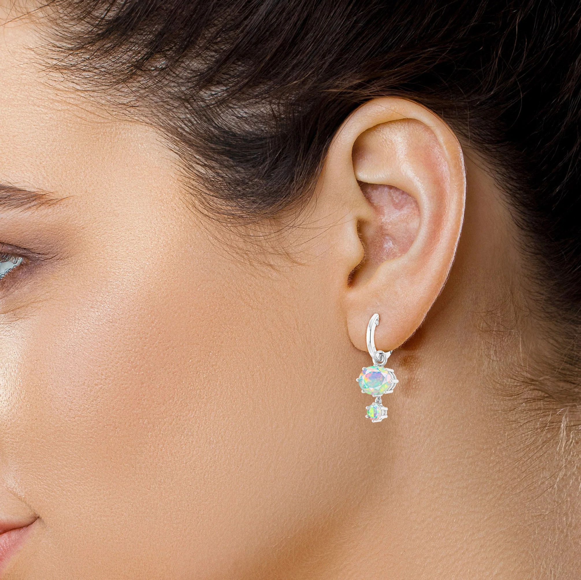 Black Fire Opal Dual Round Stone Hoop Earrings - Image 5