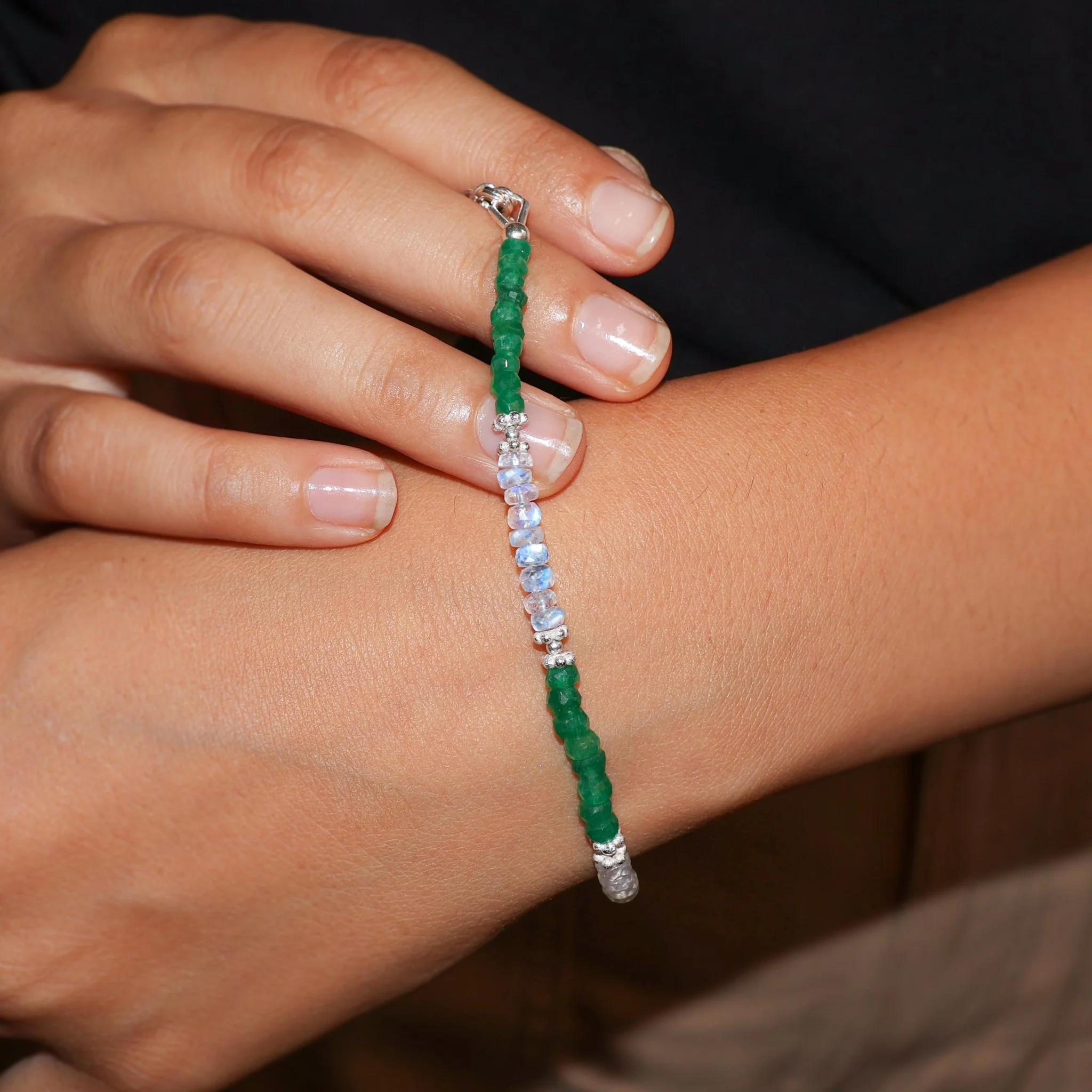 Gemstone Beauty Moonstone and Emerald Beaded Bracelet - Image 3