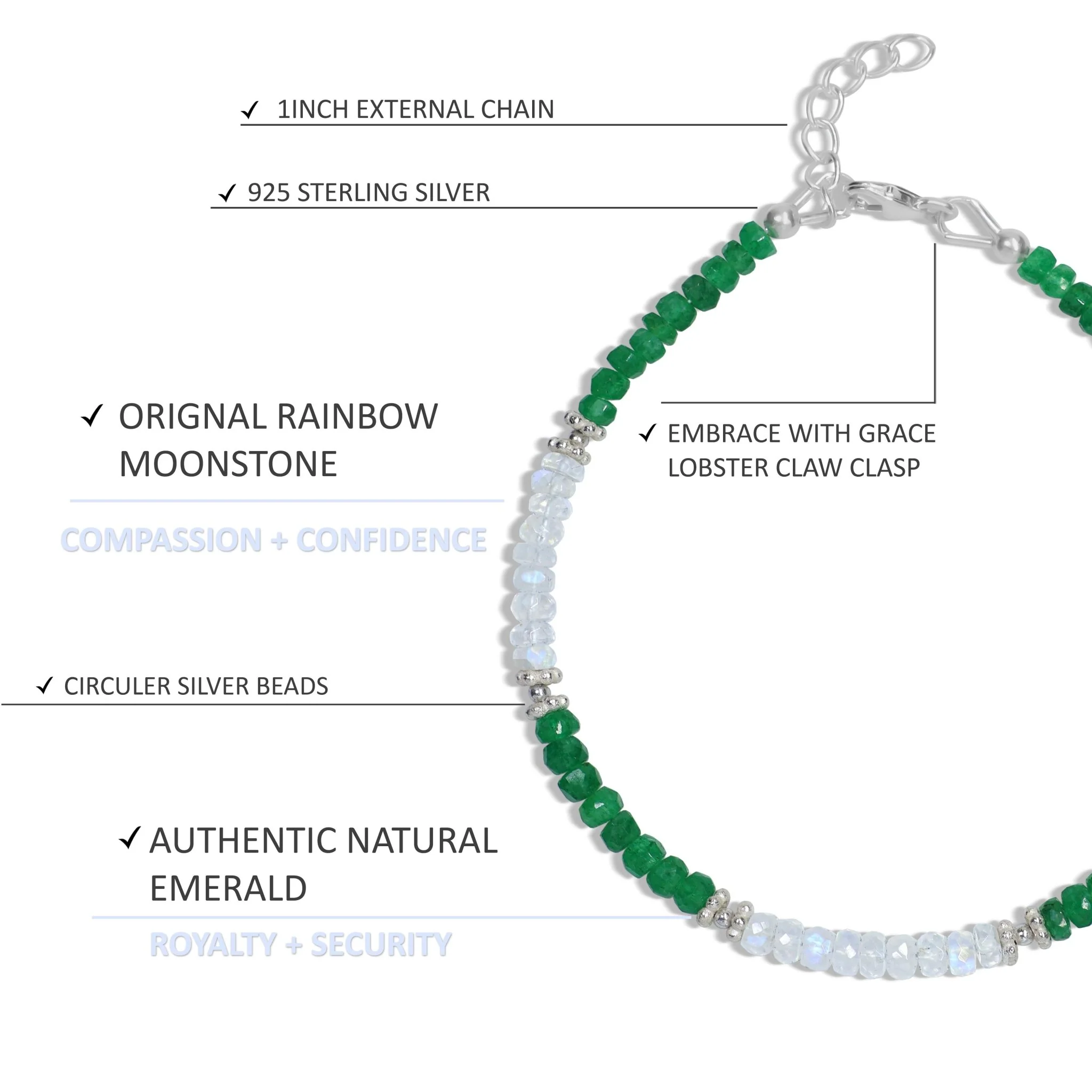 Gemstone Beauty Moonstone and Emerald Beaded Bracelet - Image 4