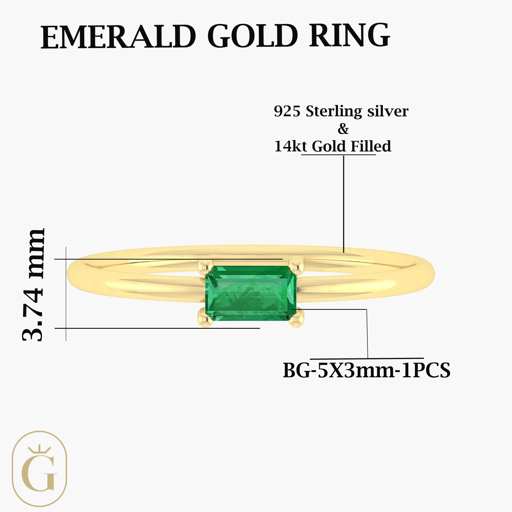 Green Emerald Baguette Gemstone Minimalist Ring - Image 5
