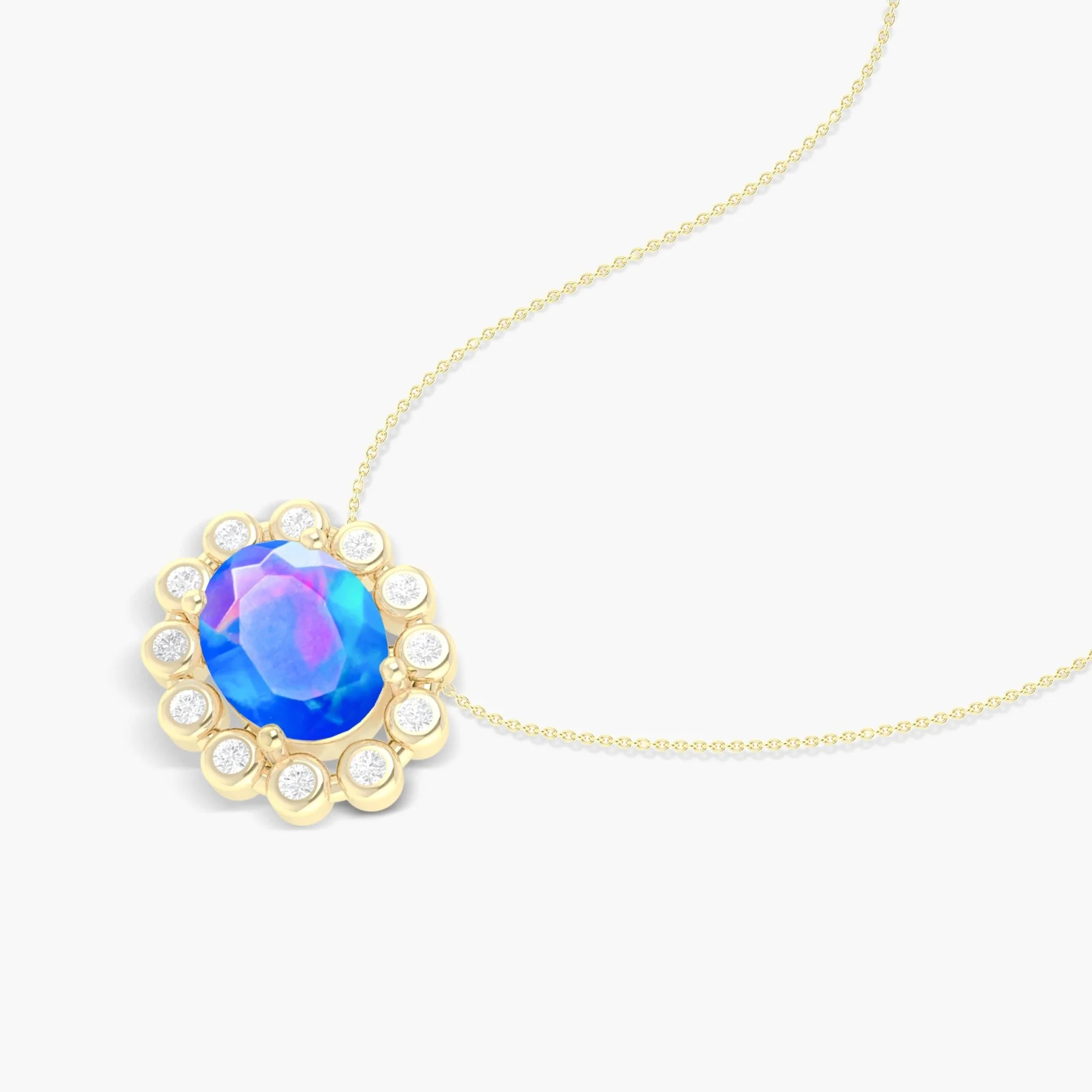 Halo Chain Pendant Necklace with Natural Blue Opal & White Zircon - Image 4